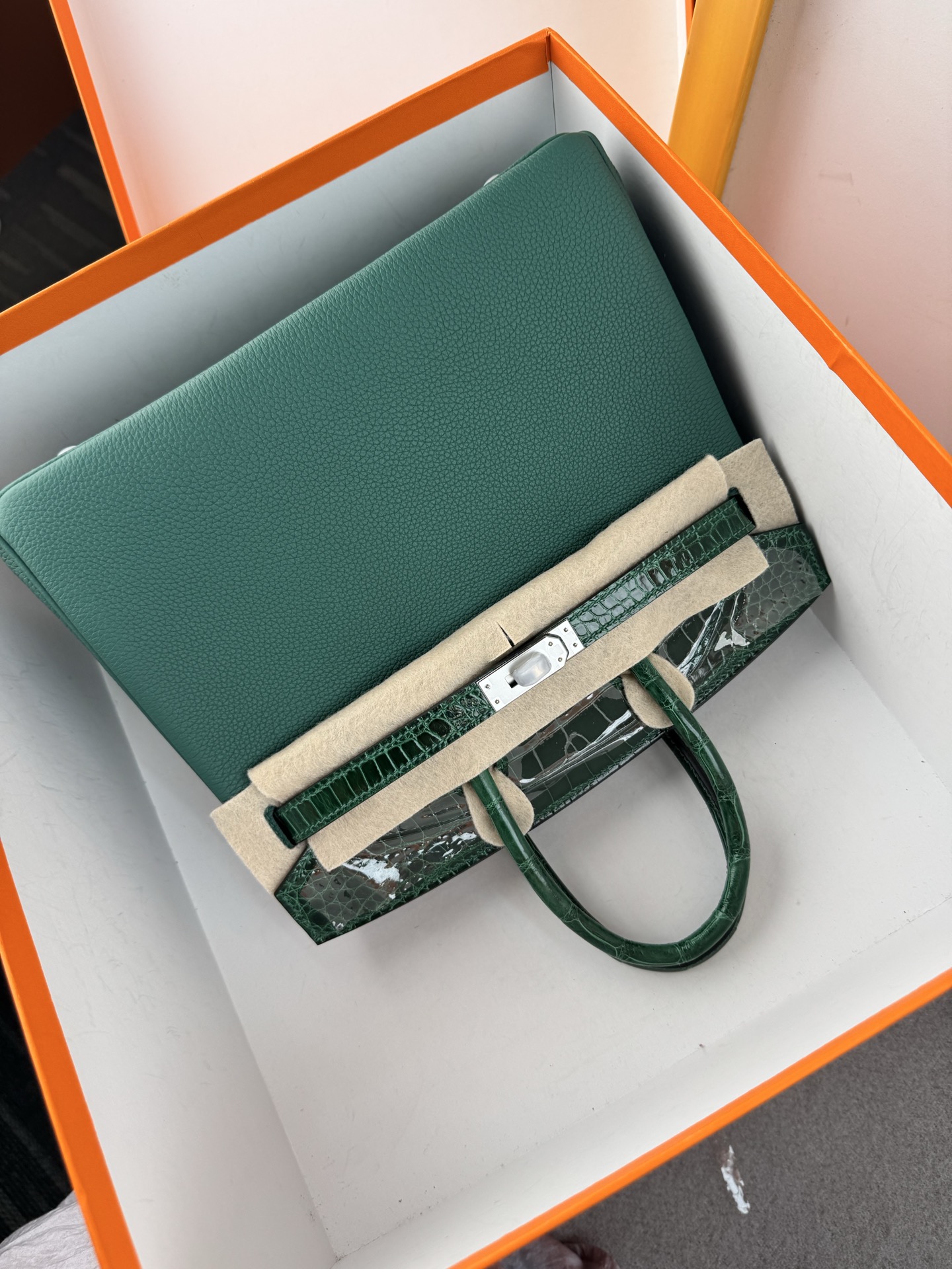 Birkin 25cm Emerald Green Togo Leather and Alligator Handbag with Silver Hardware 9 i1747994934993 3175 0 8