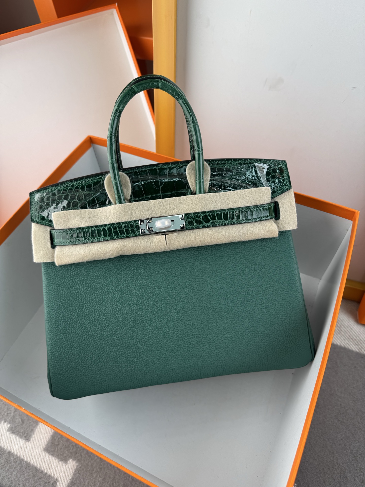 Birkin 25cm Emerald Green Togo Leather and Alligator Handbag with Silver Hardware 8 i1747994943302 154 0 7