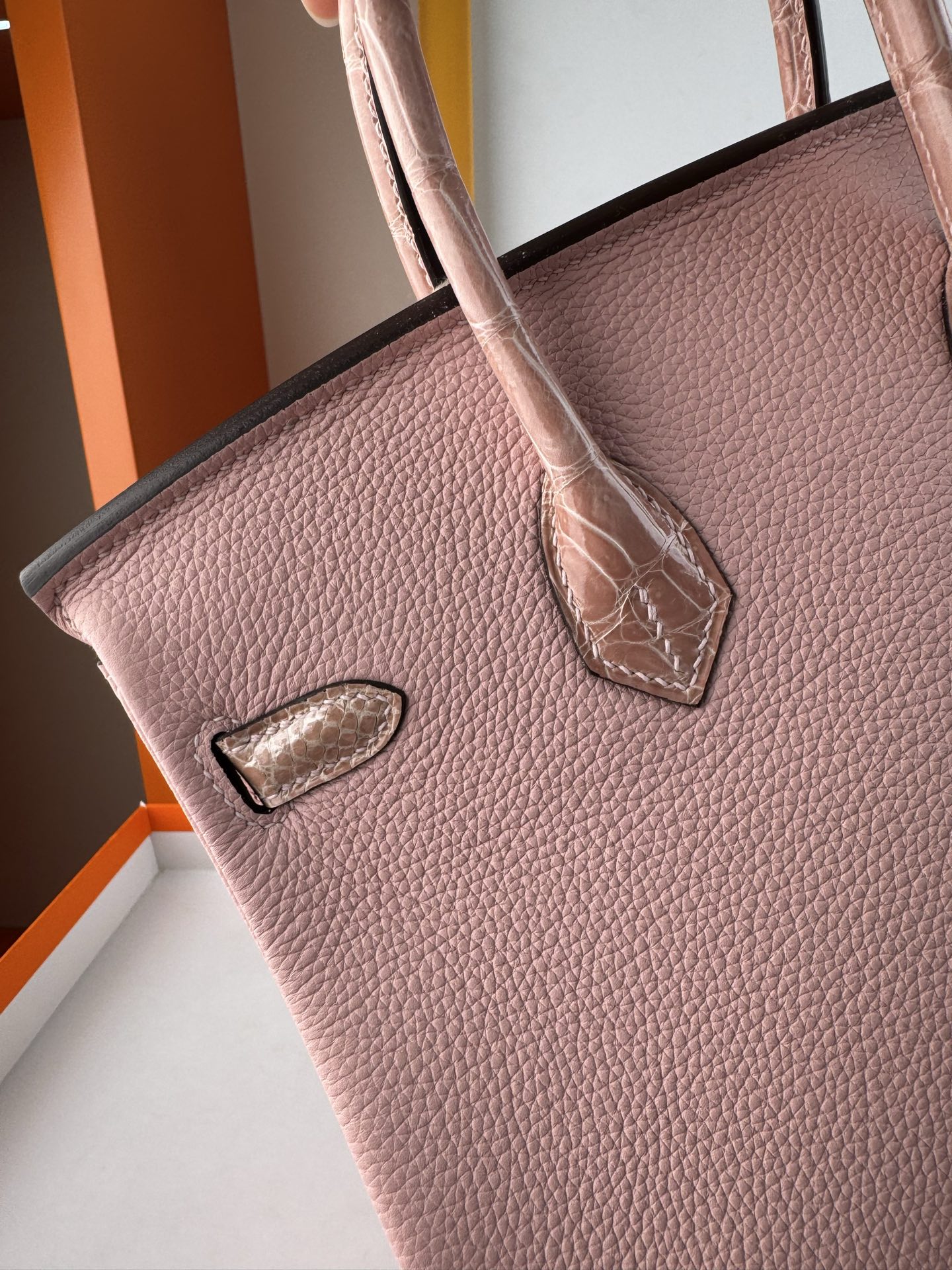 Birkin 25cm Pink Togo Leather and Crocodile Top Handle Bag with Silver Hardware 8 i1748078847082 7074 0 6