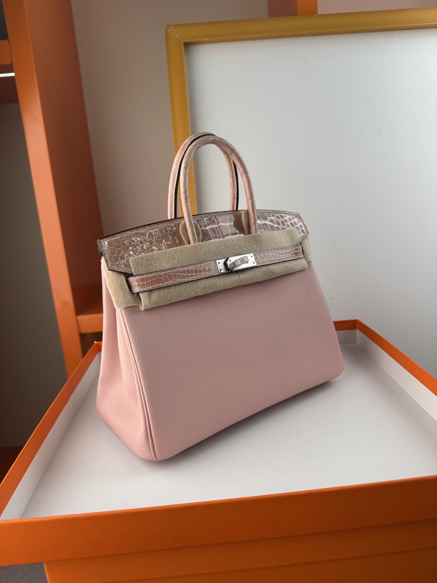 Birkin 25cm Pink Togo Leather and Crocodile Top Handle Bag with Silver Hardware 5 i1748078851393 7960 0 3
