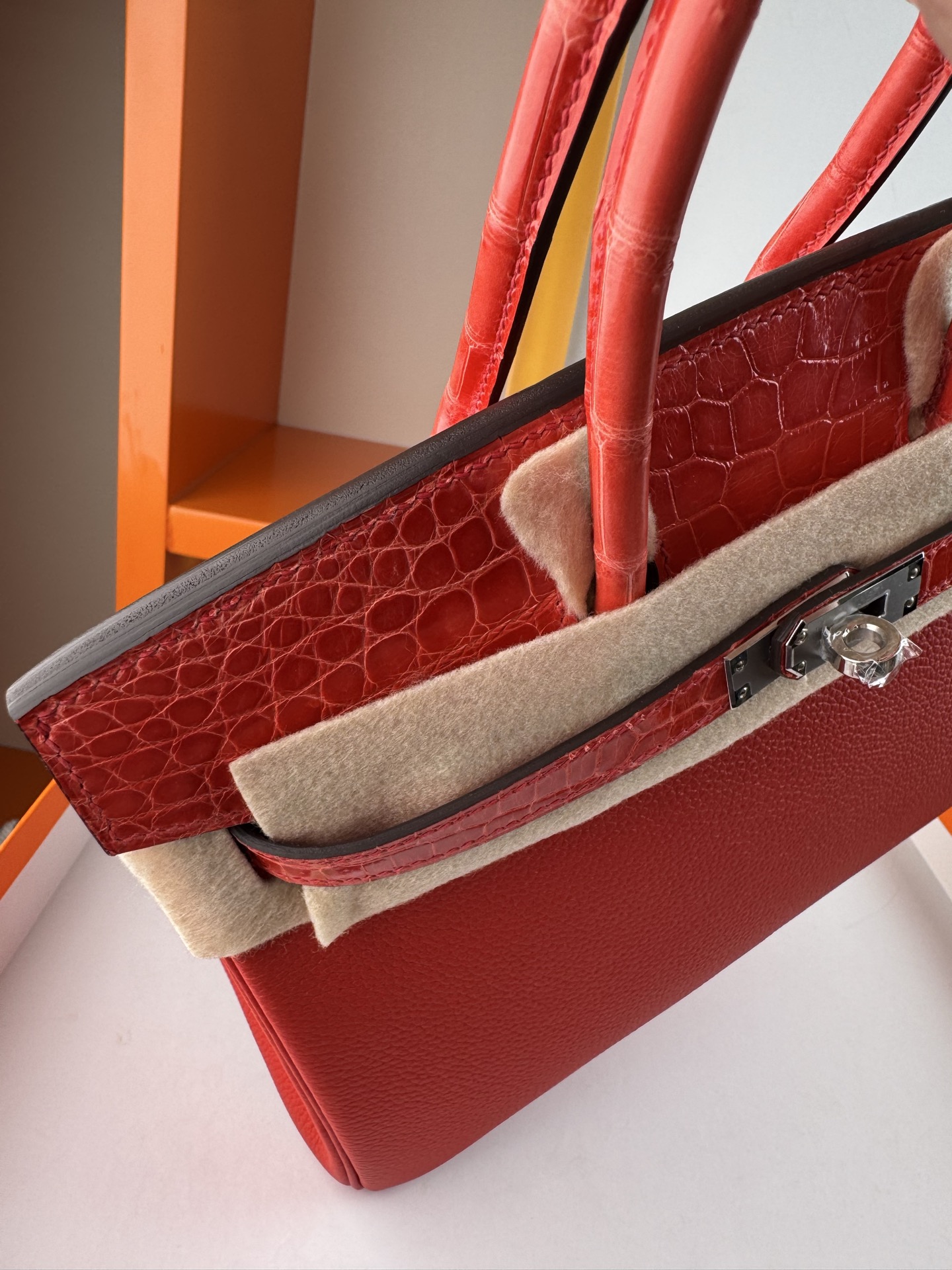 Birkin 25cm Touch Togo Leather with Crocodile Trim - Flag Red & Silver Hardware 5 i1748079196831 4513 0 3