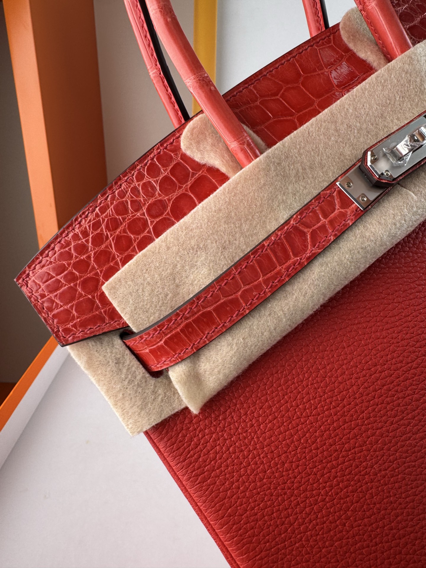 Birkin 25cm Touch Togo Leather with Crocodile Trim - Flag Red & Silver Hardware 6 i1748079197039 8 0 4