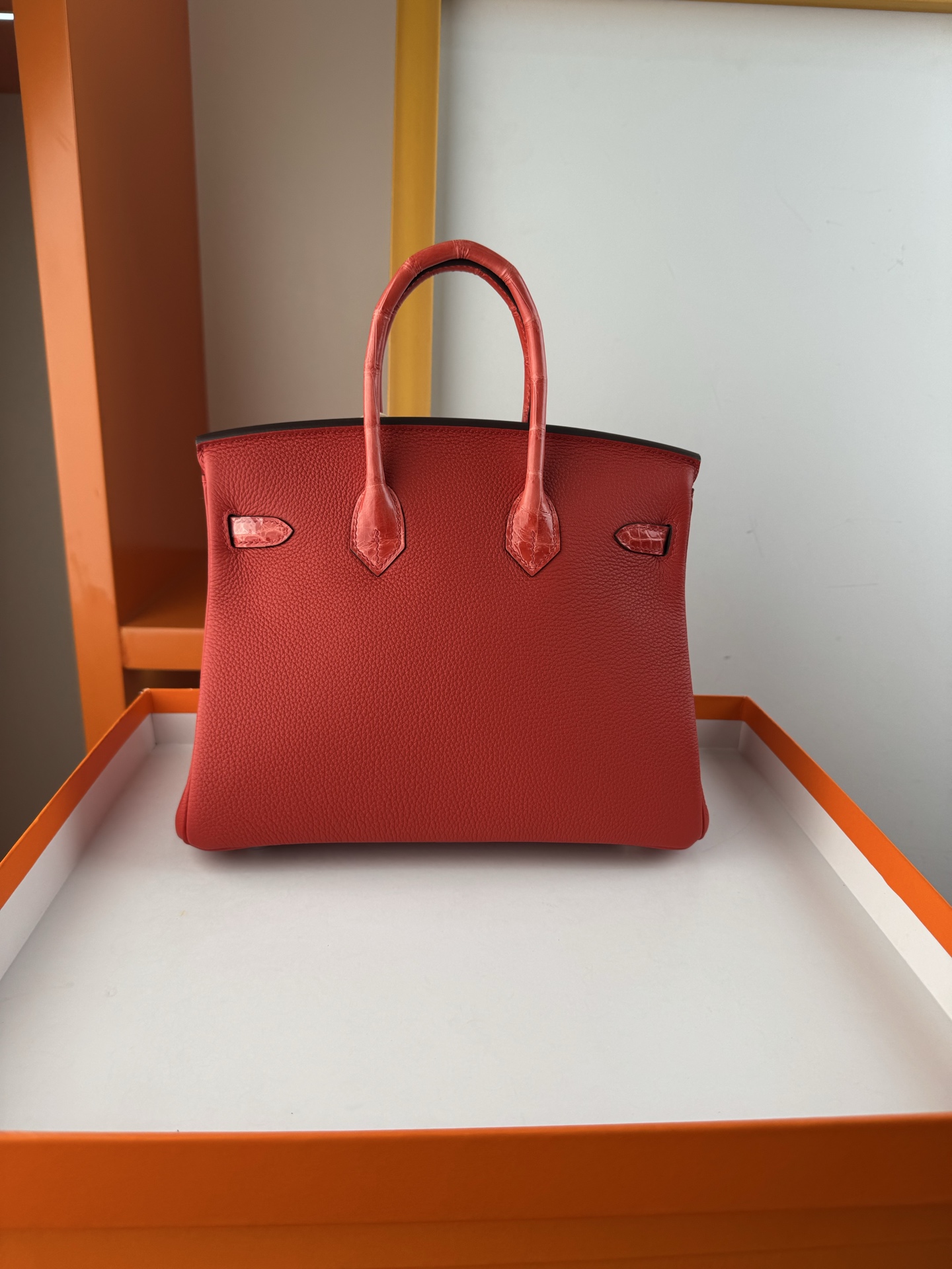 Birkin 25cm Touch Togo Leather with Crocodile Trim - Flag Red & Silver Hardware 3 i1748079197086 7379 0 1