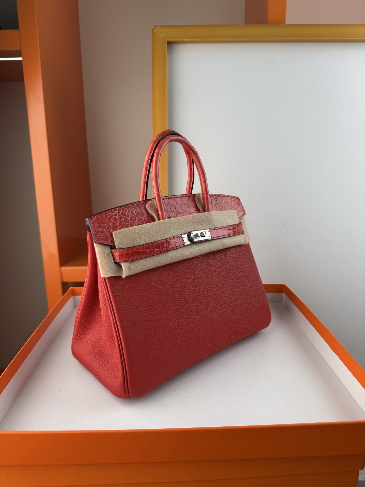 Birkin 25cm Touch Togo Leather with Crocodile Trim - Flag Red & Silver Hardware 4 i1748079199243 1648 0 2