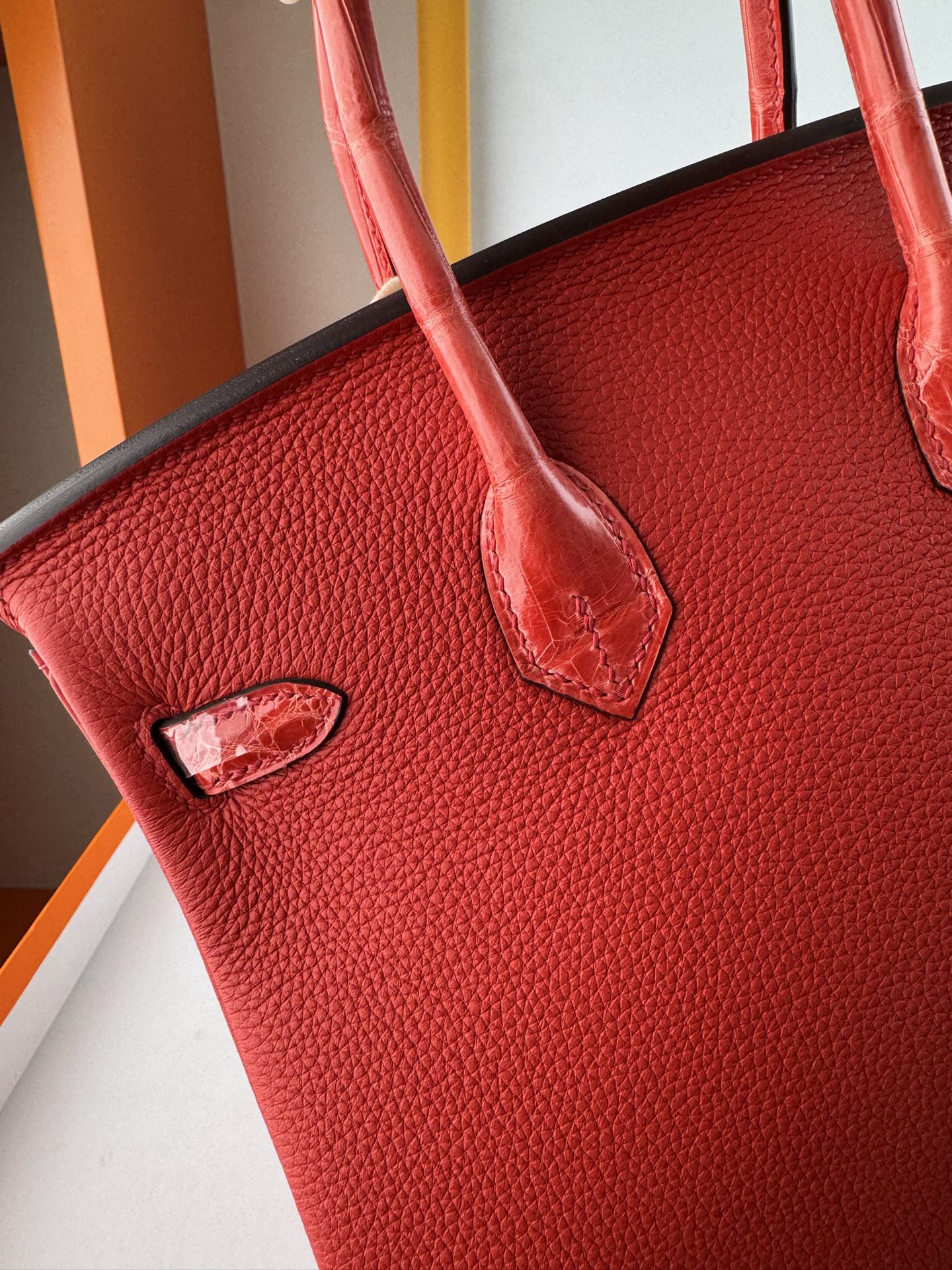 Birkin 25cm Touch Togo Leather with Crocodile Trim - Flag Red & Silver Hardware 7 i1748079199254 7433 0 5