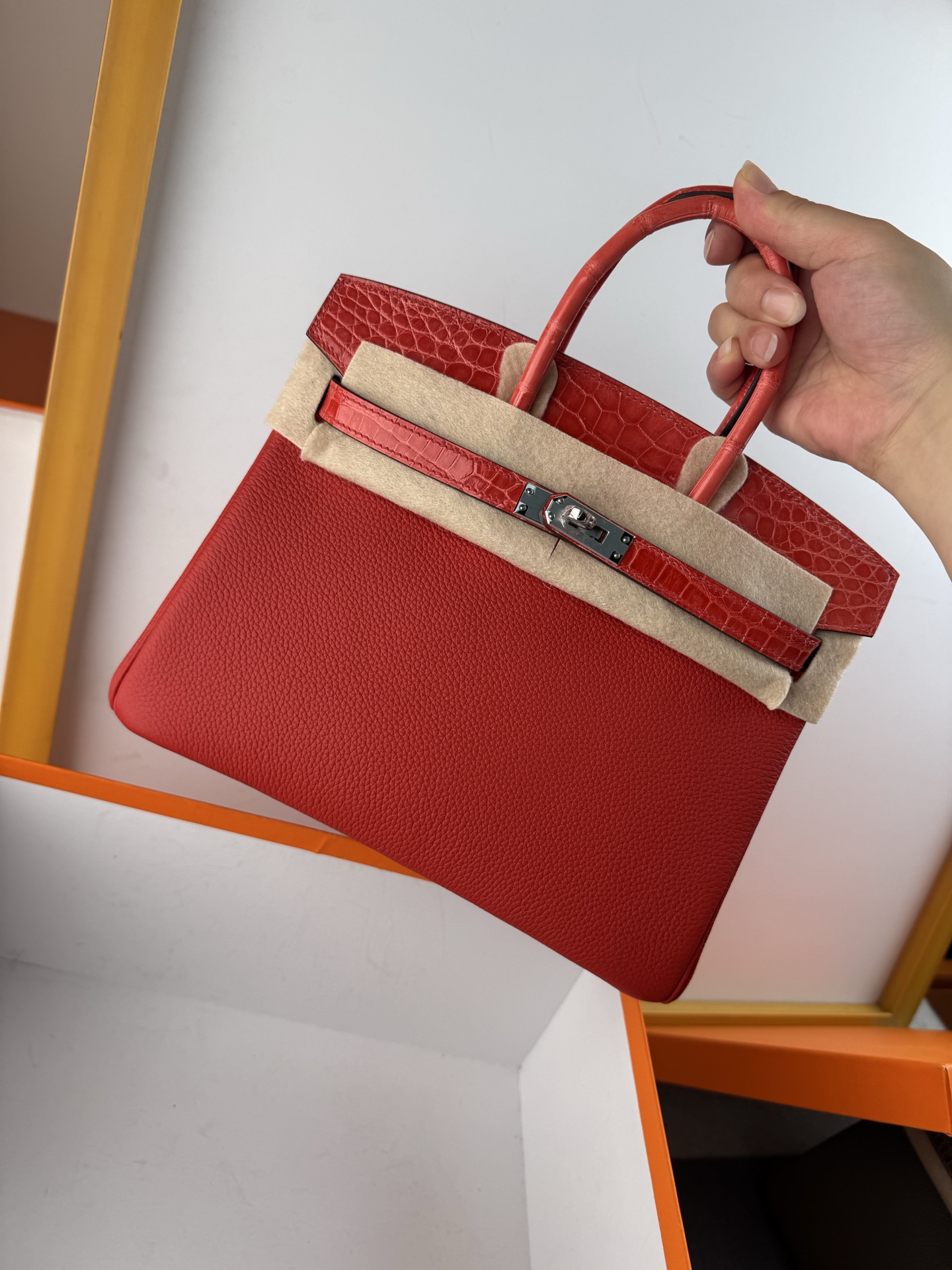 Birkin 25cm Touch Togo Leather with Crocodile Trim - Flag Red & Silver Hardware 10 i1748079201756 6633 0 8