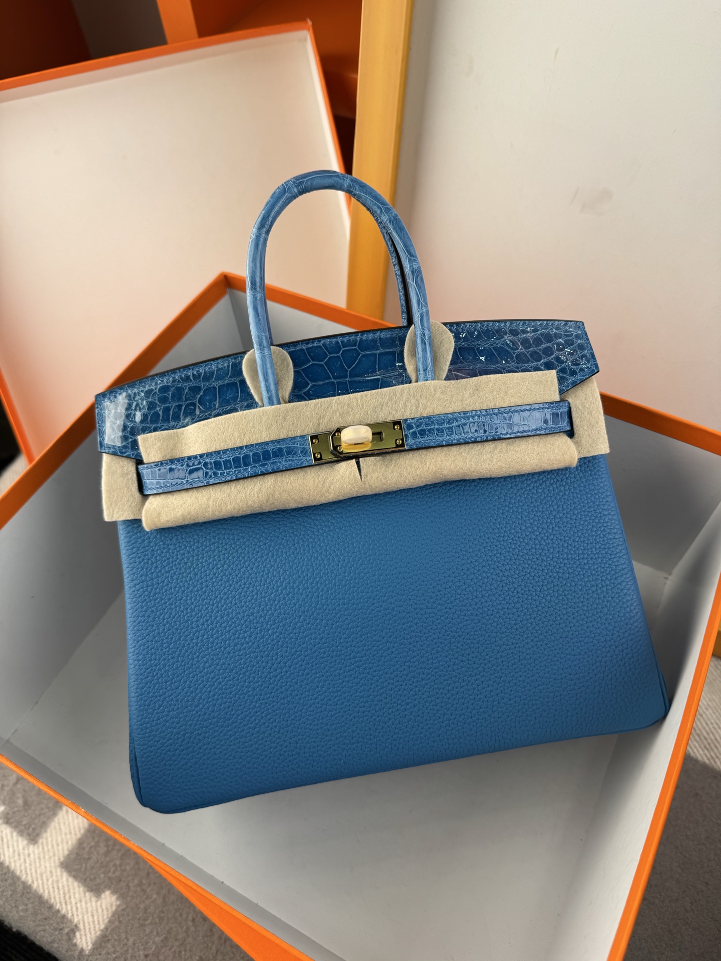 Birkin 25cm Touch Paradise Blue Togo Leather and Alligator Gold Hardware 12 i1748102743871 6086 0 10