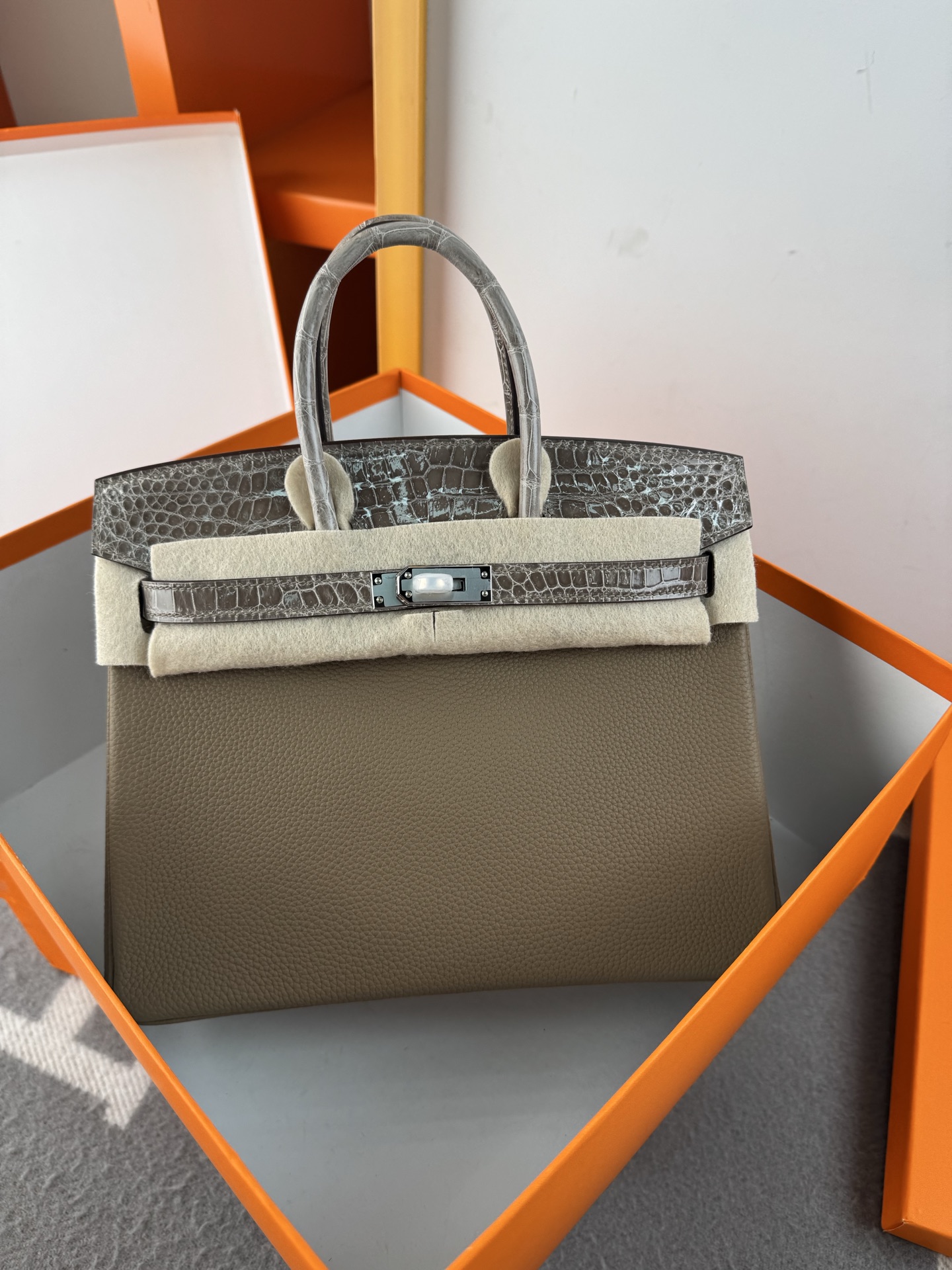 Elegant Birkin 25cm Touch Handbag in Togo Leather and Crocodile Skin 7 i1748233324410 4646 0 6