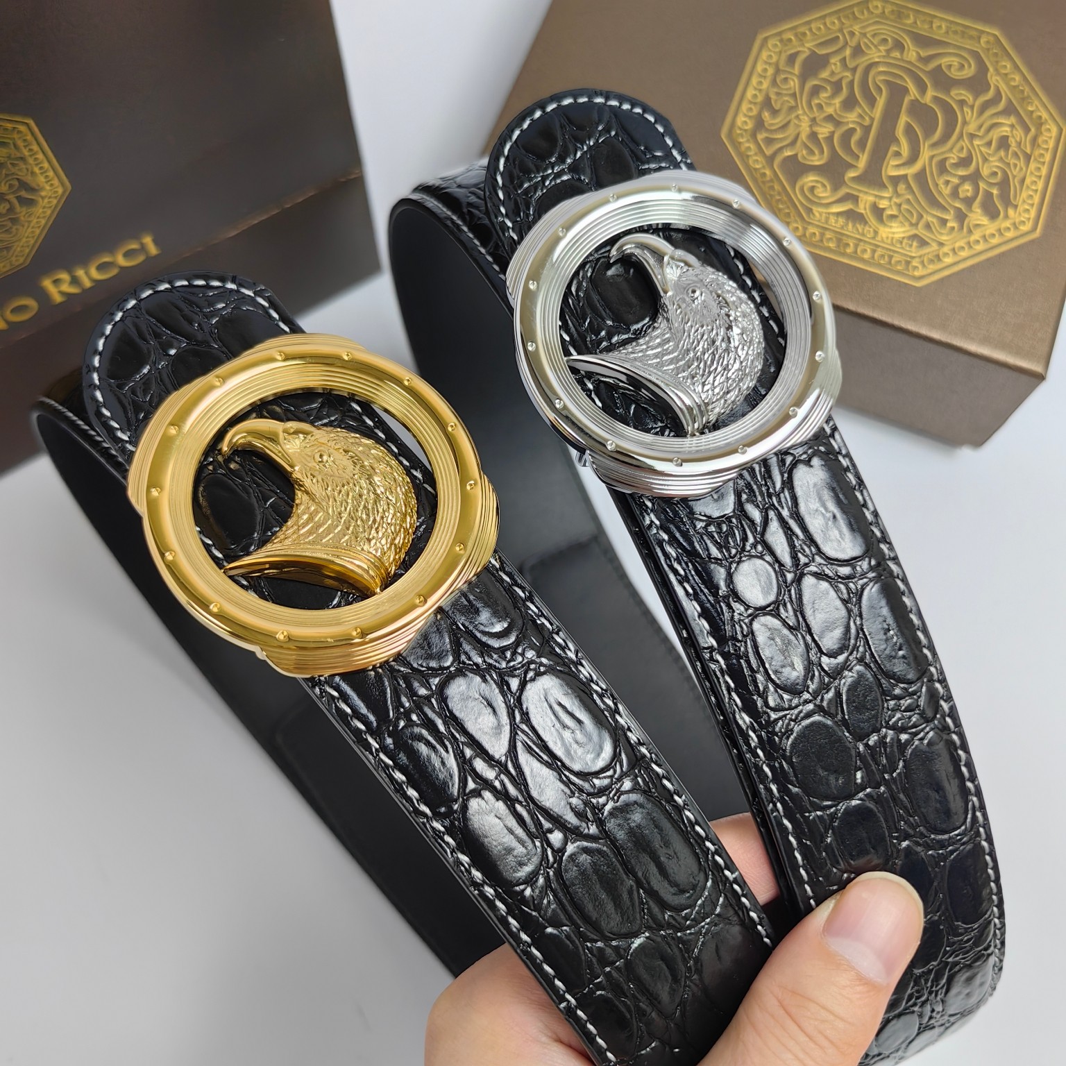 High-Quality Falcon Design Leather Belt with Steel Button – 3.8cm Wide Positive-Grade Material