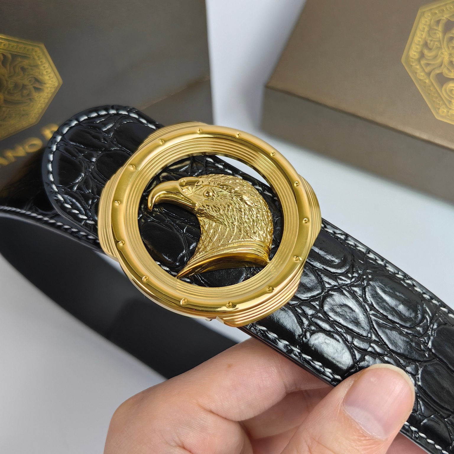 High-Quality Falcon Design Leather Belt with Steel Button – 3.8cm Wide Positive-Grade Material - 图片 5