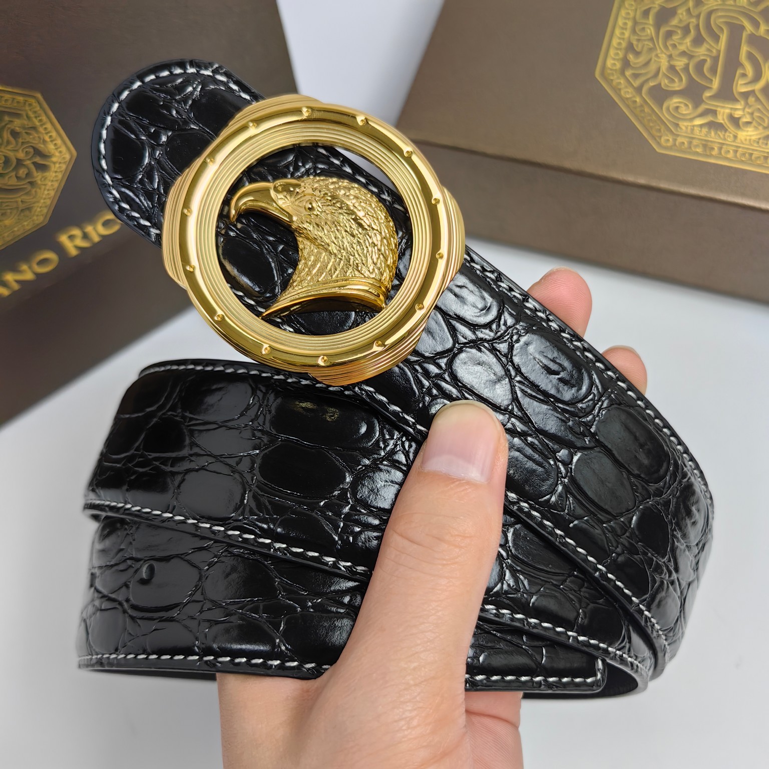 High-Quality Falcon Design Leather Belt with Steel Button – 3.8cm Wide Positive-Grade Material - 图片 2