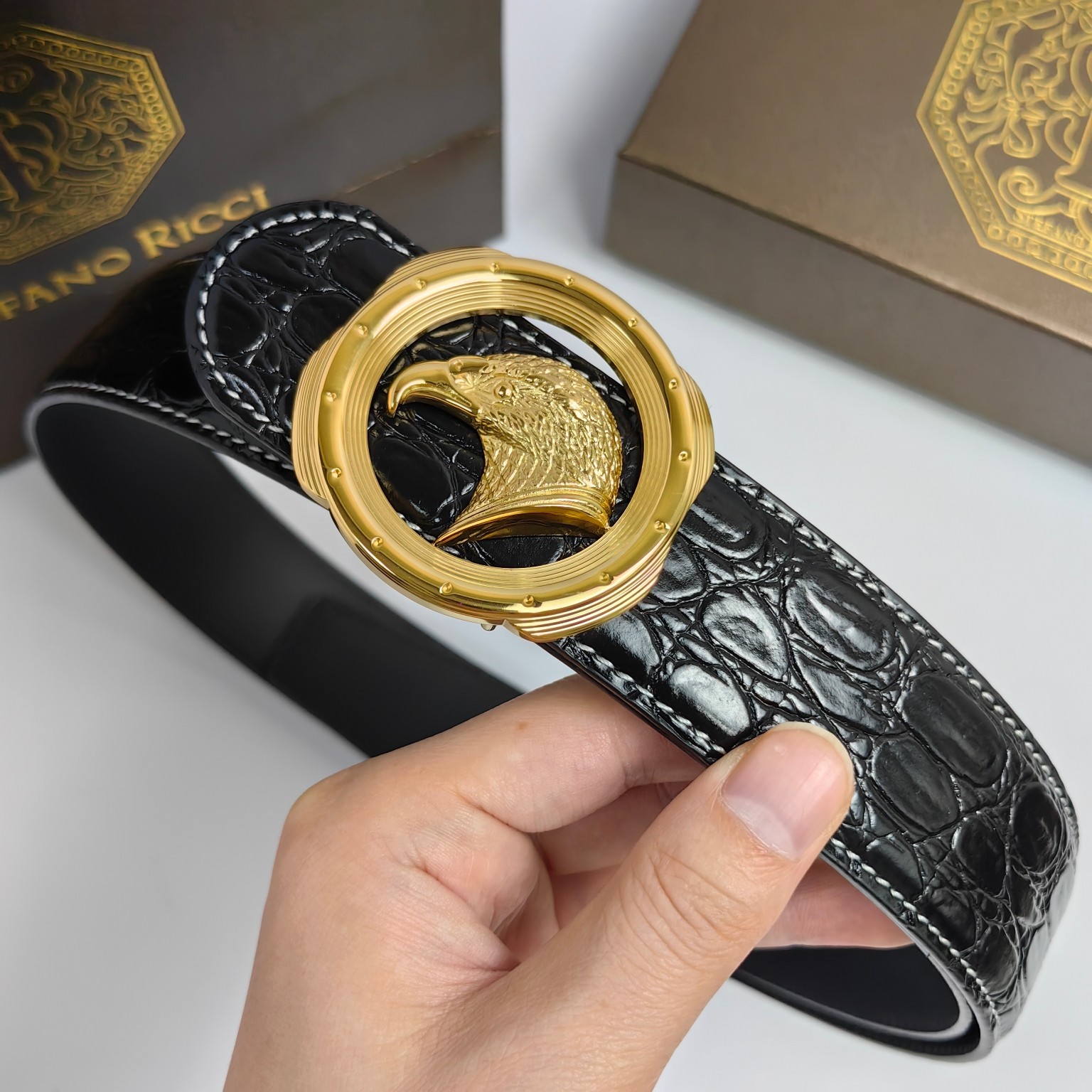 High-Quality Falcon Design Leather Belt with Steel Button – 3.8cm Wide Positive-Grade Material - 图片 4