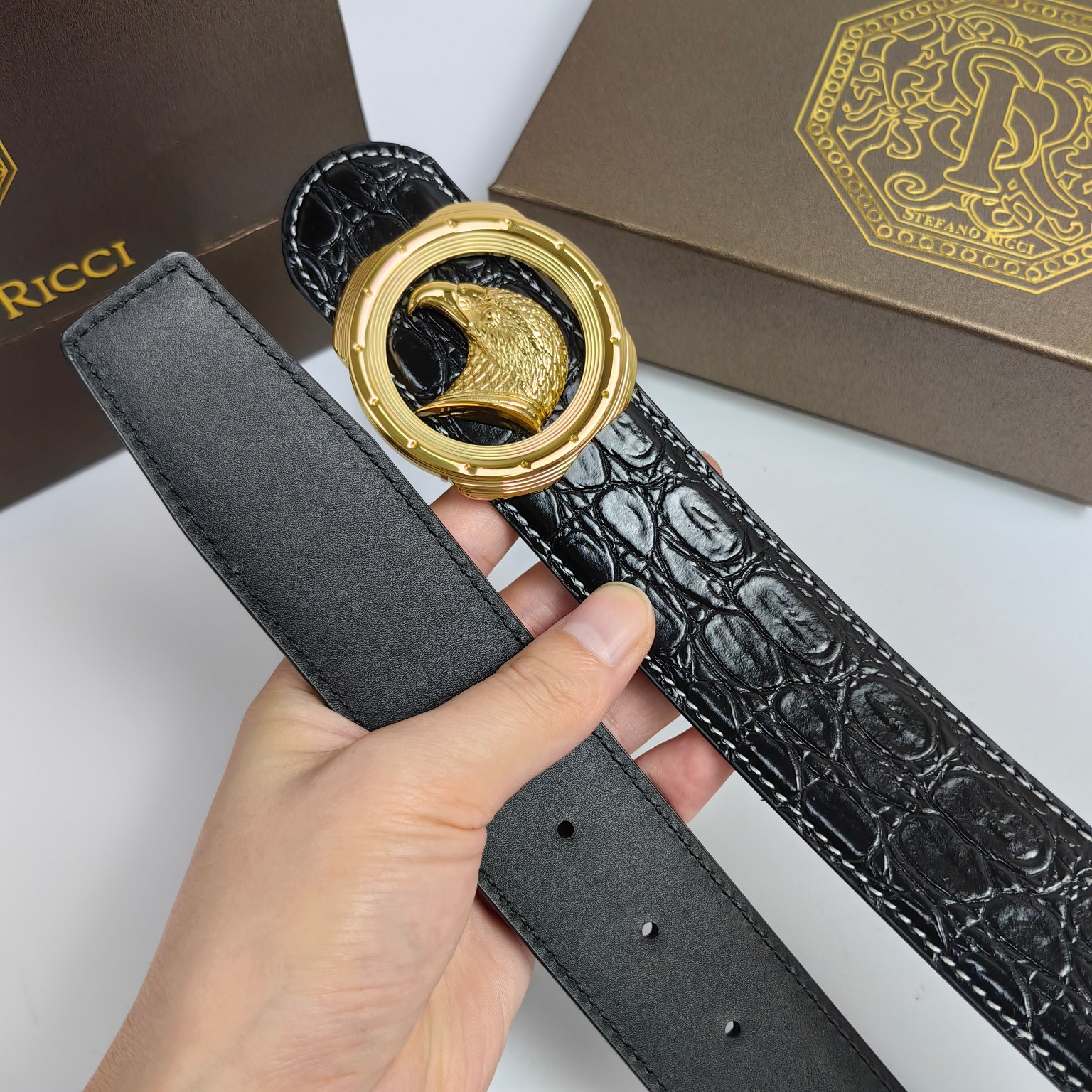 High-Quality Falcon Design Leather Belt with Steel Button – 3.8cm Wide Positive-Grade Material - 图片 6