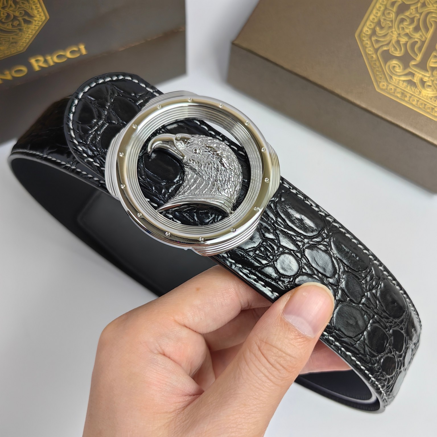 High-Quality Falcon Design Leather Belt with Fine Steel Button, 3.8cm Wide. - 图片 4