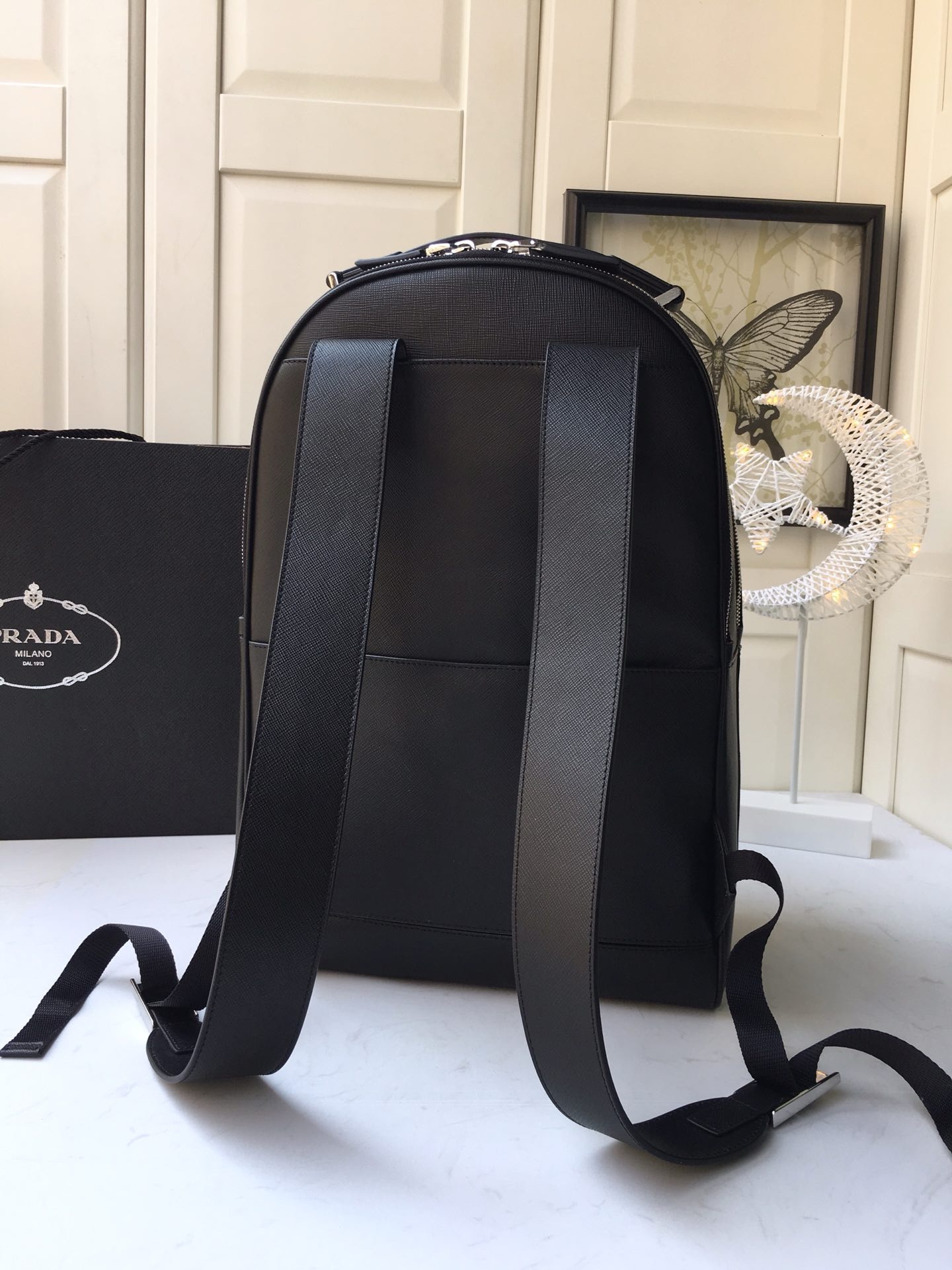 Prada Saffiano Leather Backpack, Black, 27cm x 39.5cm x 16cm, Double Zipper 6 i1744863503 5922 0