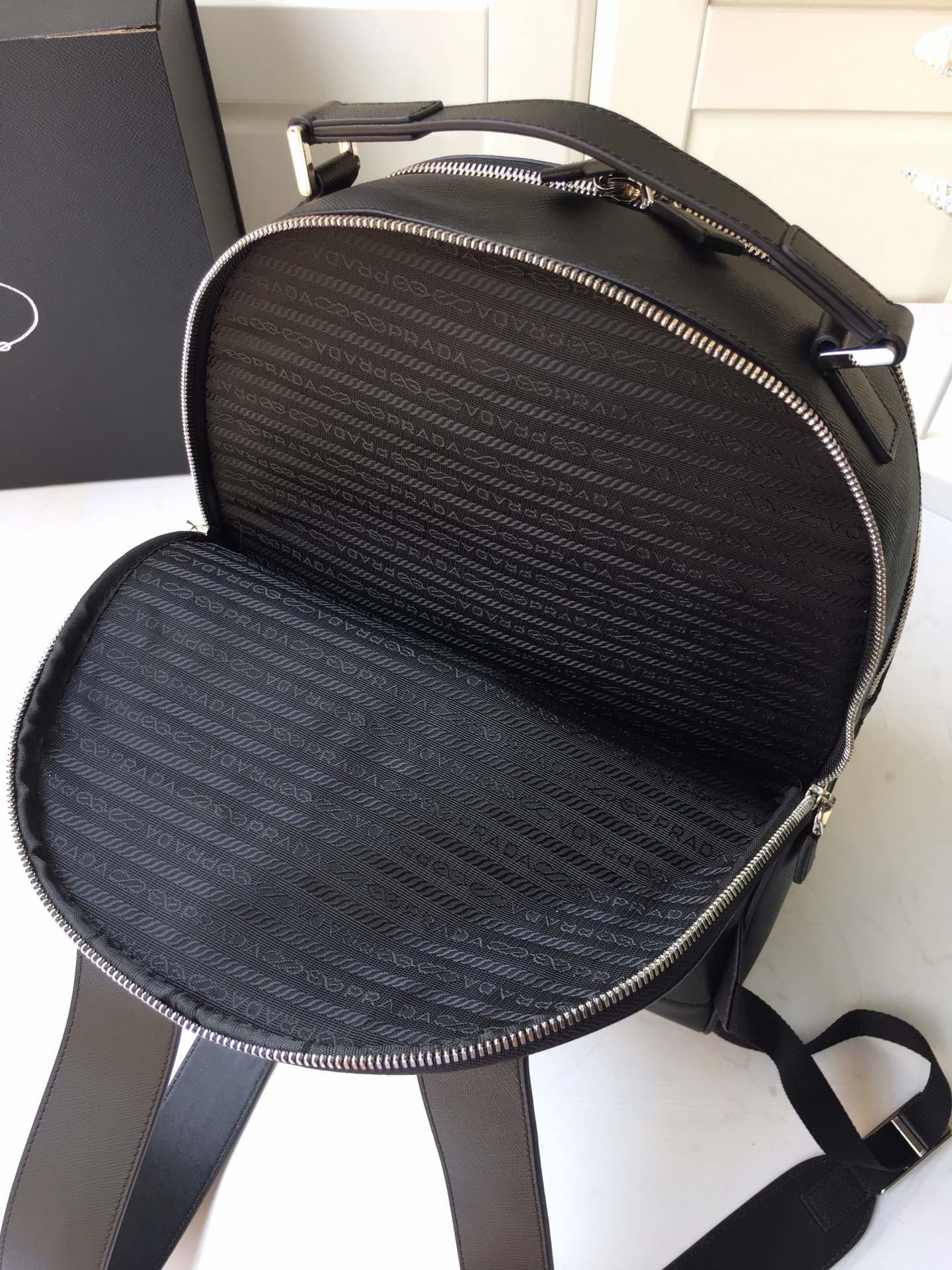 Prada Saffiano Leather Backpack, Black, 27cm x 39.5cm x 16cm, Double Zipper 8 i1744863503 7132 0