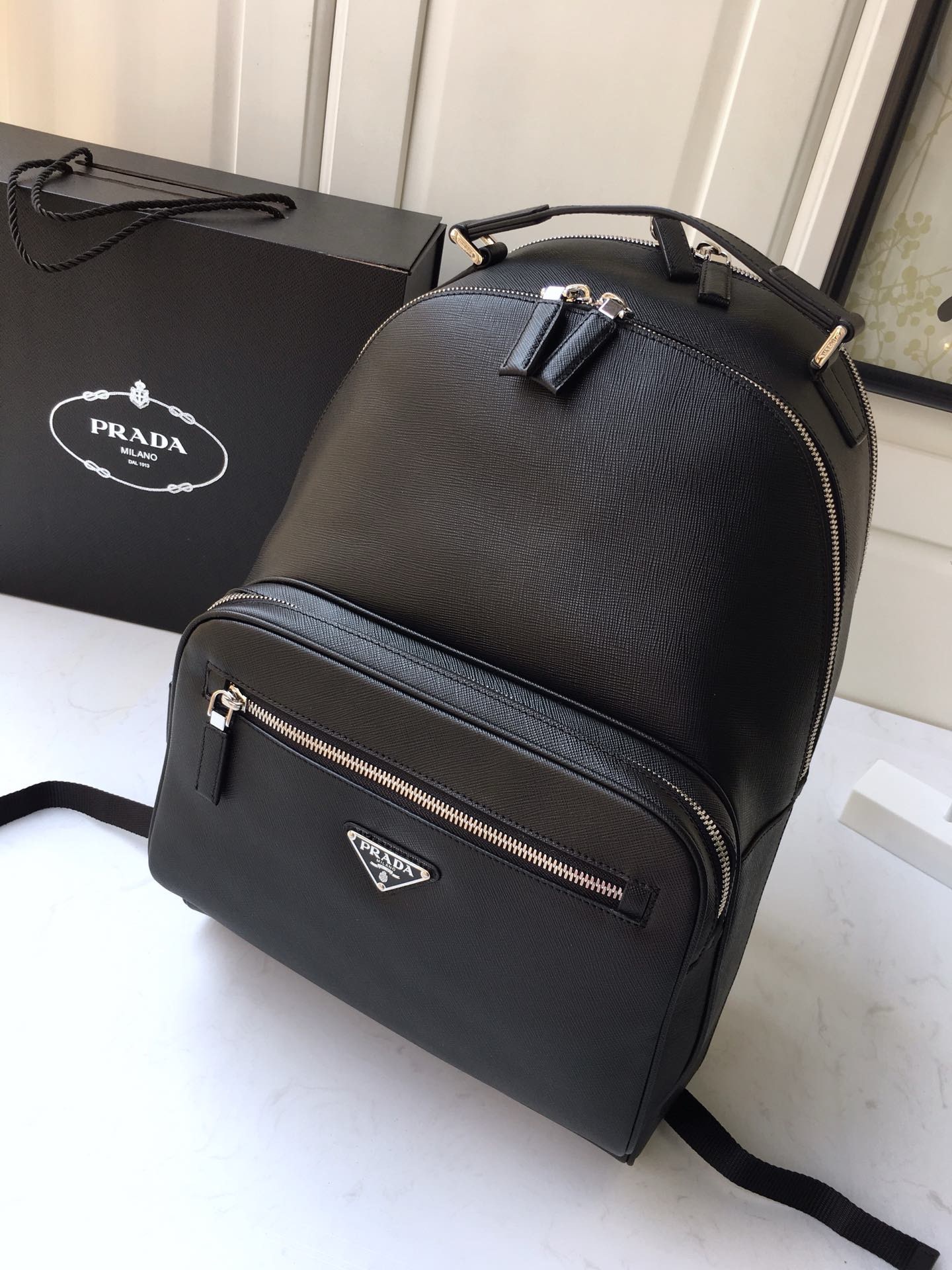 Prada Saffiano Leather Backpack, Black, 27cm x 39.5cm x 16cm, Double Zipper 2 i1744863503 9850 0