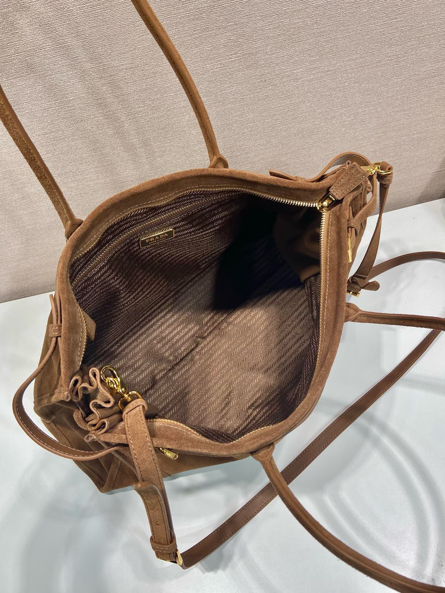 Prada Suede Leather Handbag, Removable Strap, Large Capacity - Stylish & Functional 8 i1745649501 4371 1