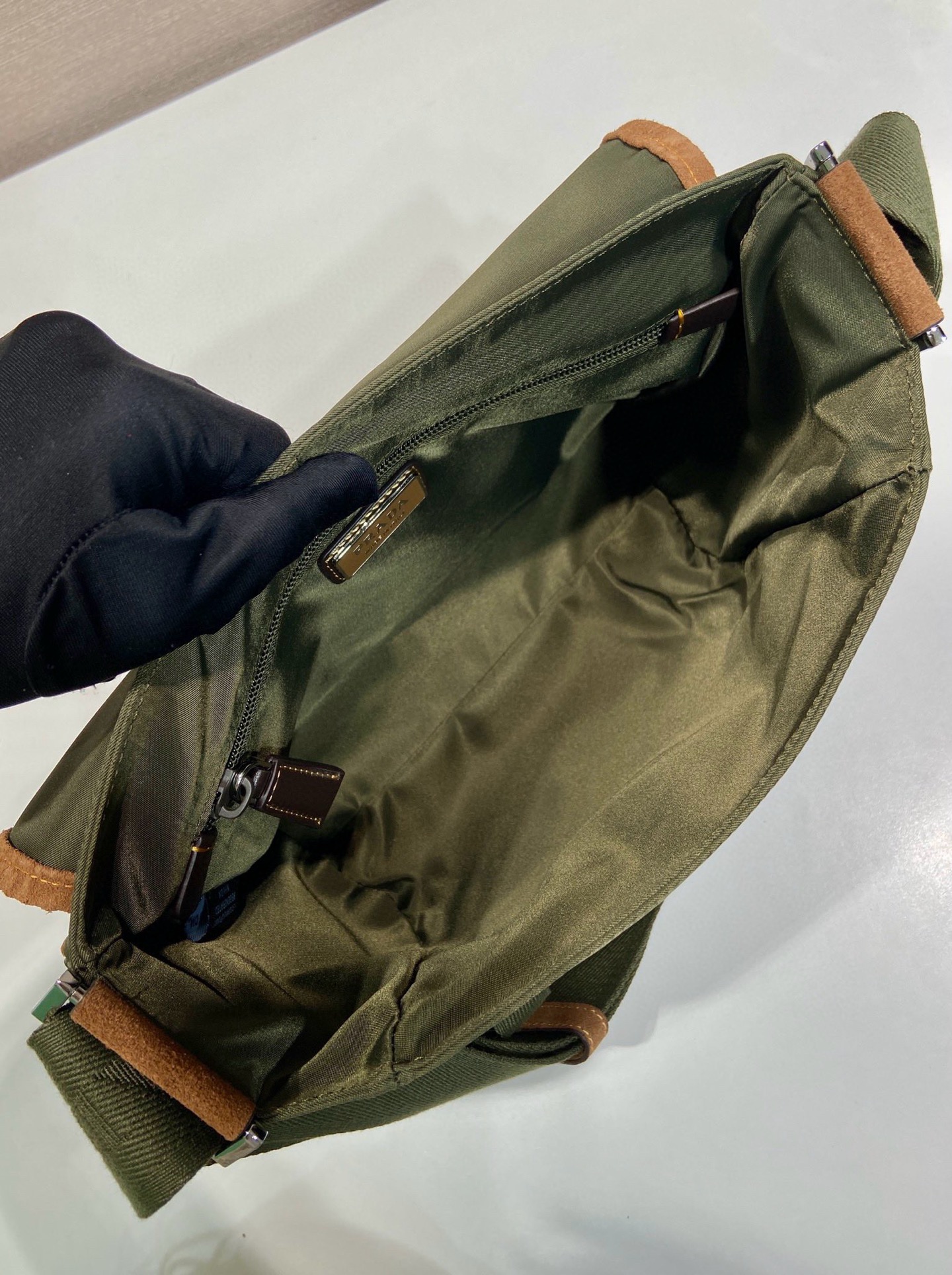 Prada Re-Nylon & Leather Trim Messenger Bag - Olive Green, Small Size 9 i1754025260245 6686 0 8