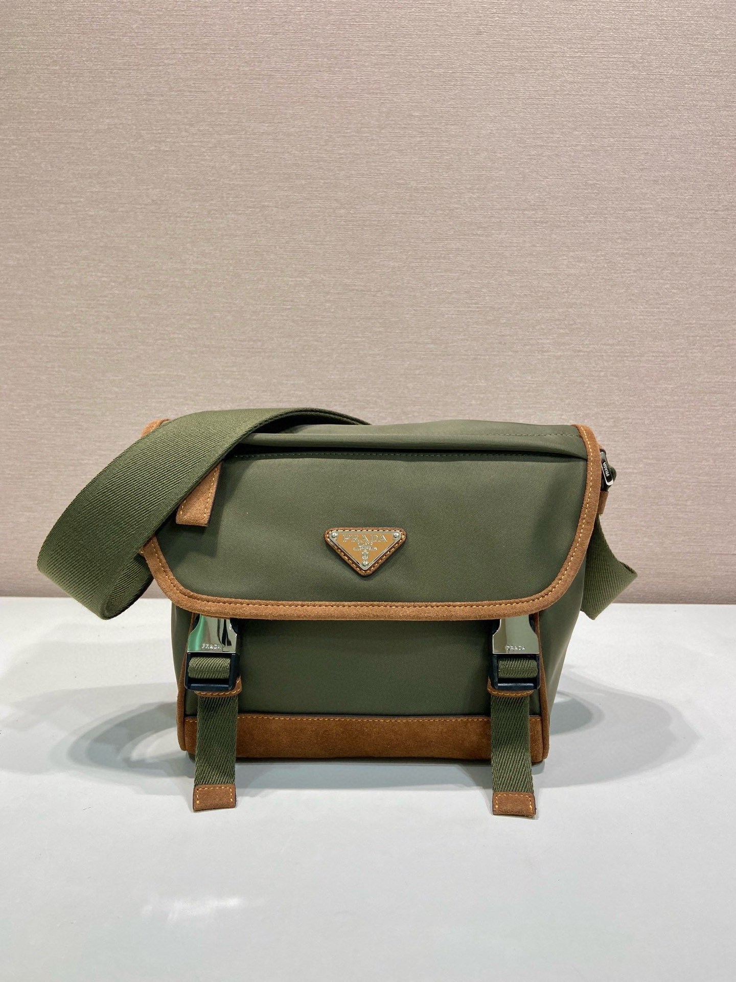 Prada Re-Nylon & Leather Trim Messenger Bag - Olive Green, Small Size 1 i1754025262186 4028 0 0