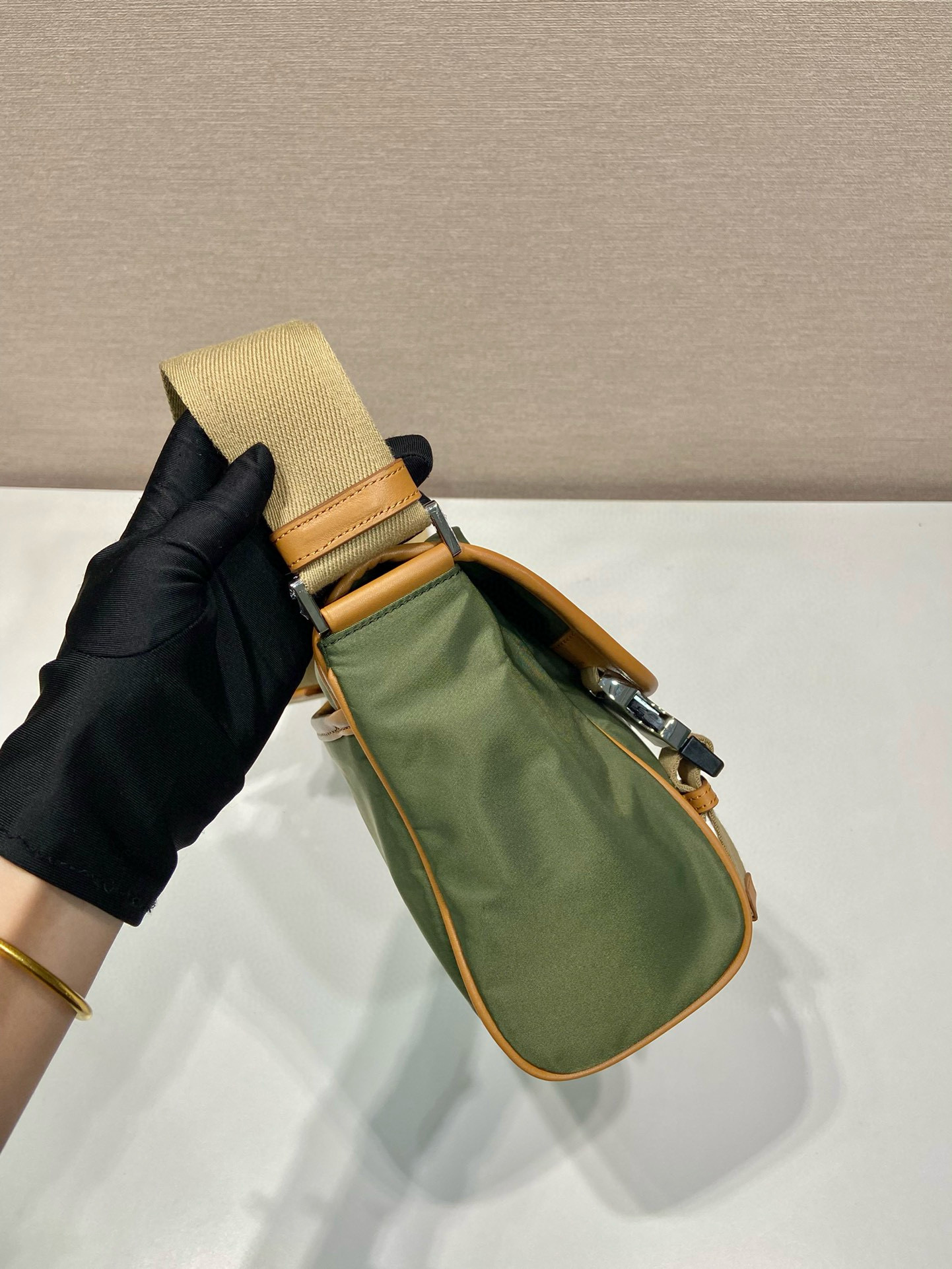 Prada Re-Nylon Small Messenger Bag, Khaki Leather Trim - 2VD066 6 i1754025351517 231 0 5