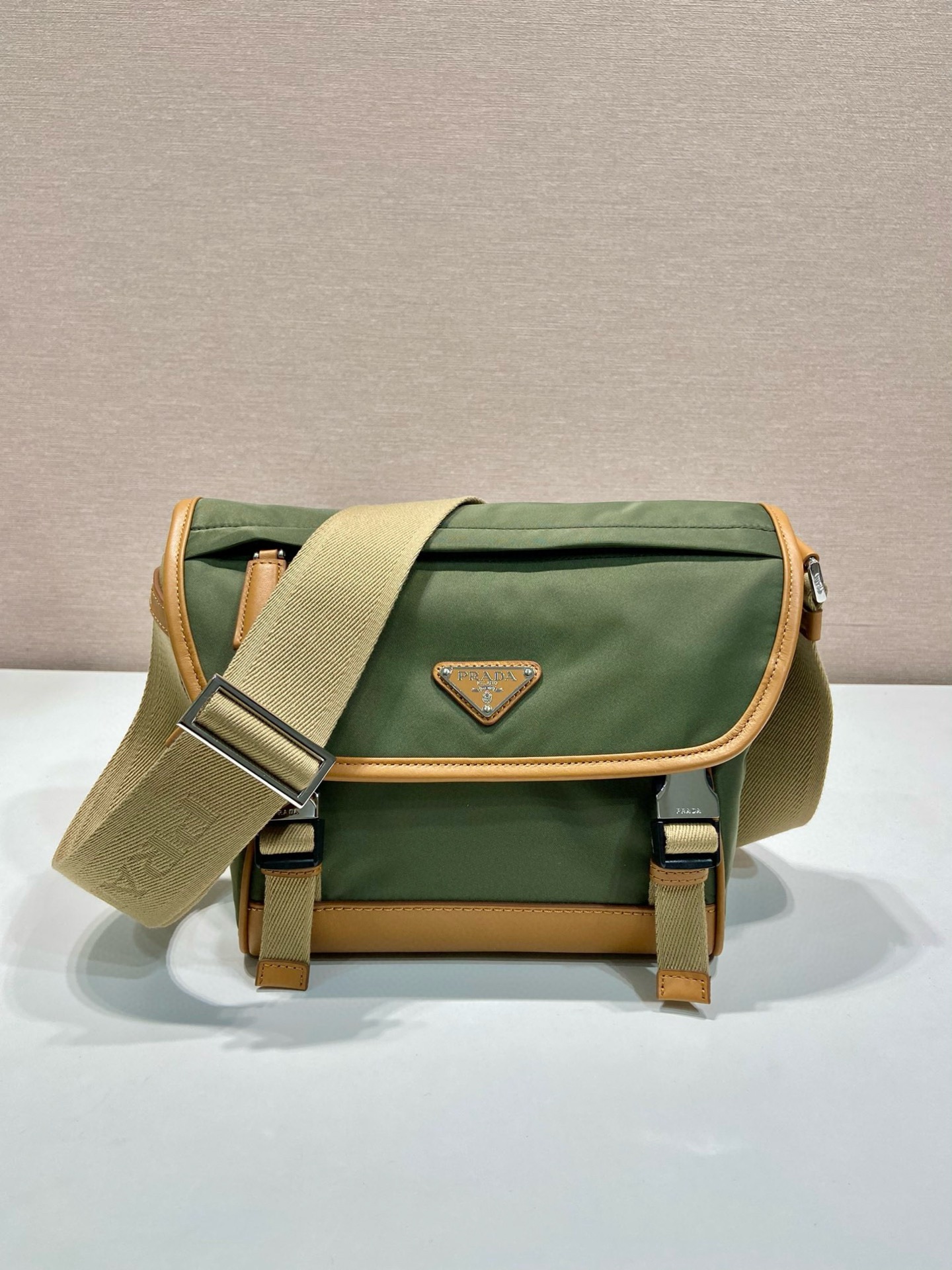 Prada Re-Nylon Small Messenger Bag, Khaki Leather Trim - 2VD066 1 i1754025351802 6327 0 0