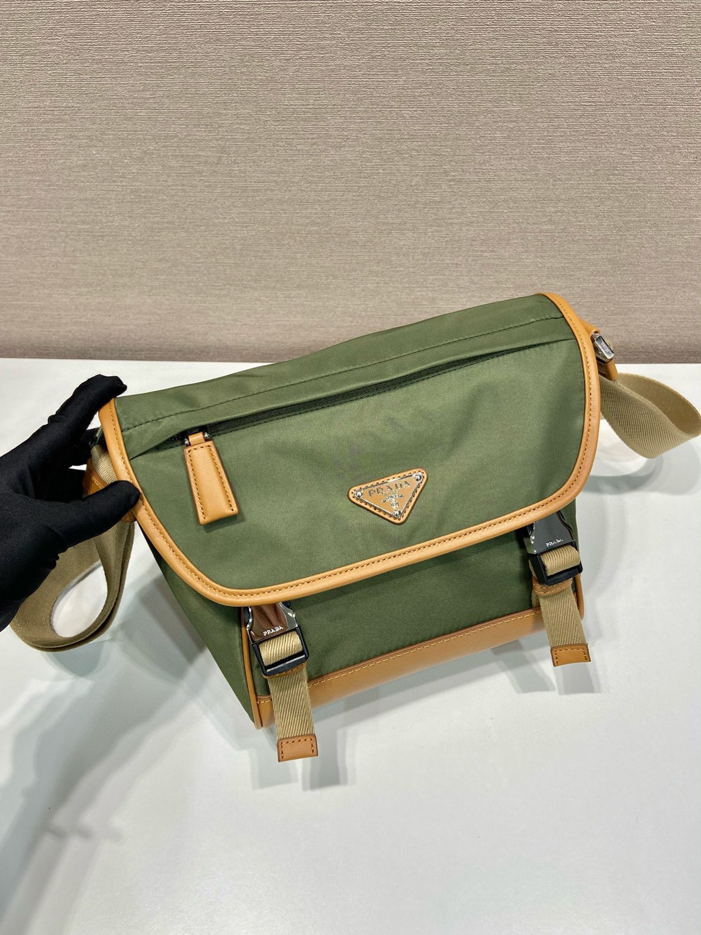 Prada Re-Nylon Small Messenger Bag, Khaki Leather Trim - 2VD066 2 i1754025351818 9550 0 1