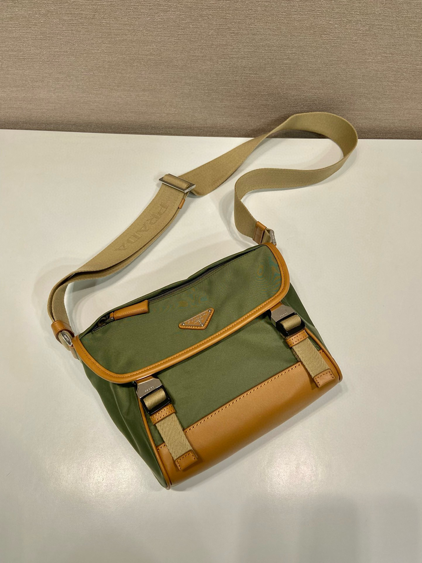 Prada Re-Nylon Small Messenger Bag, Khaki Leather Trim - 2VD066 4 i1754025353948 4223 0 3