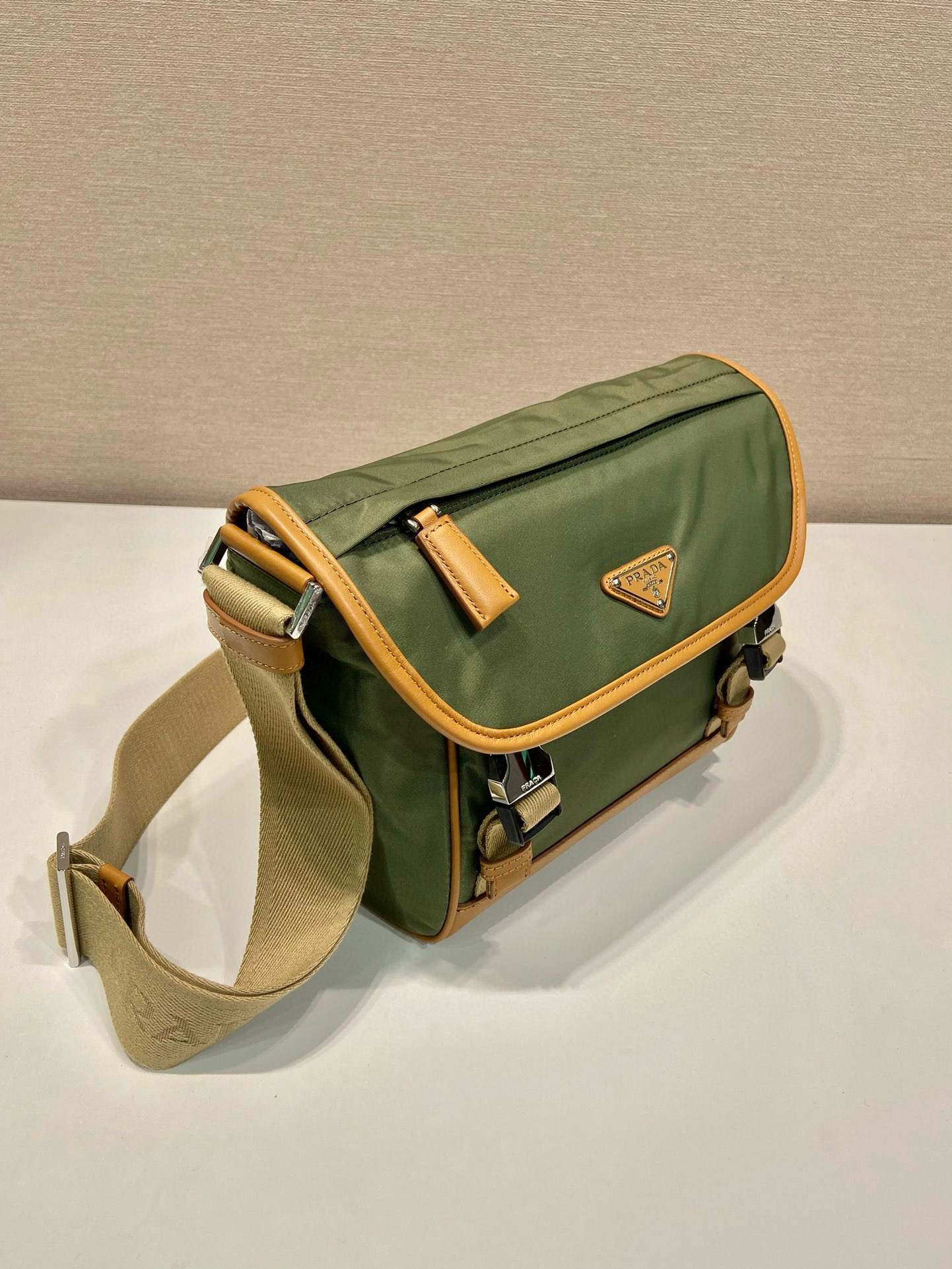 Prada Re-Nylon Small Messenger Bag, Khaki Leather Trim - 2VD066 3 i1754025353949 7676 0 2