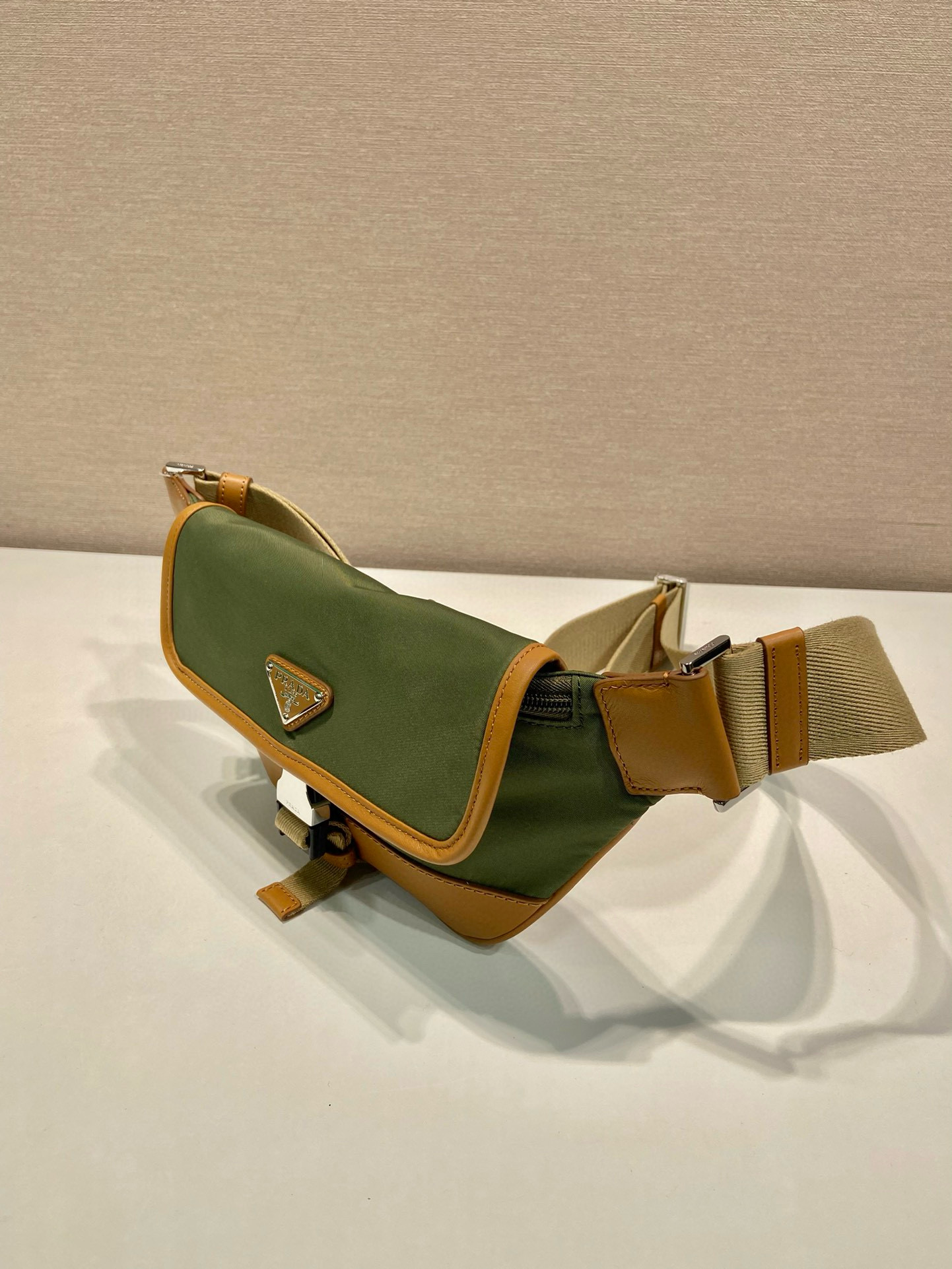 Prada Nylon and Leather Belt Bag with Enamel Triangle Logo, Khaki/Brown 4 i1754025517734 191 0 2