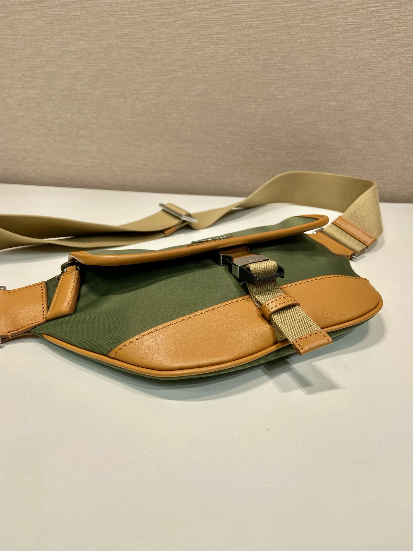 Prada Nylon and Leather Belt Bag with Enamel Triangle Logo, Khaki/Brown 7 i1754025517737 3404 0 5