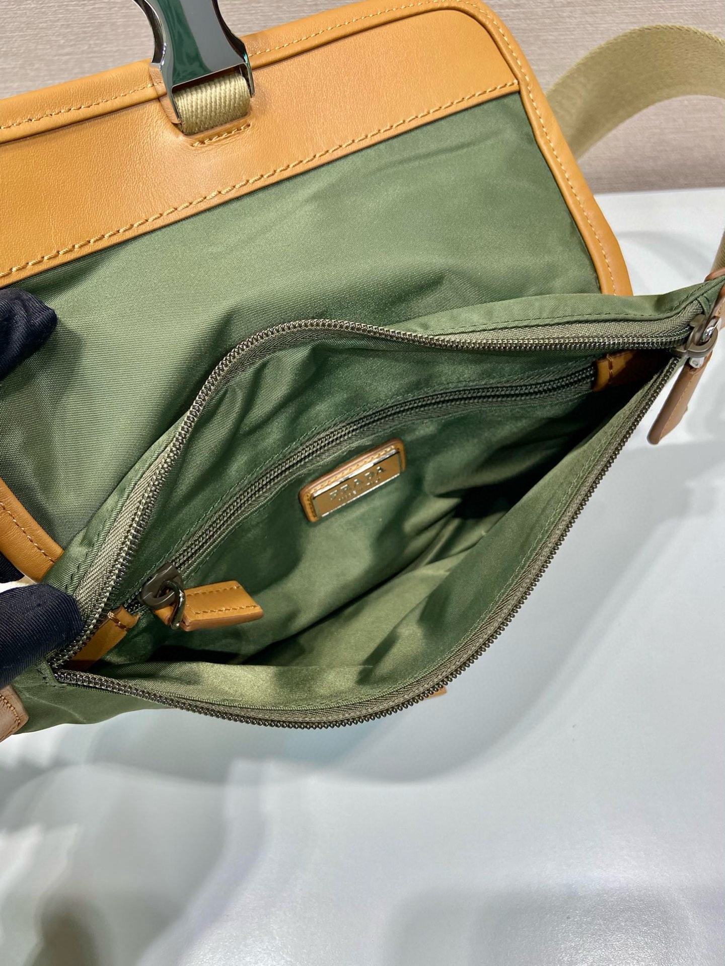 Prada Nylon and Leather Belt Bag with Enamel Triangle Logo, Khaki/Brown 8 i1754025517974 9835 0 6