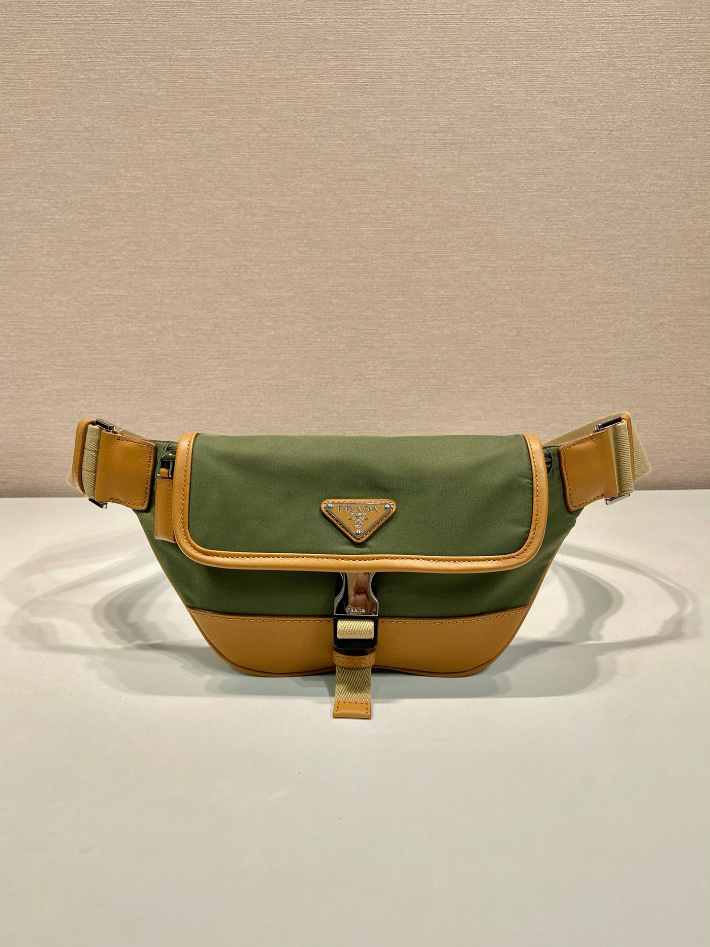 Prada Nylon and Leather Belt Bag with Enamel Triangle Logo, Khaki/Brown 2 i1754025520132 7621 0 0