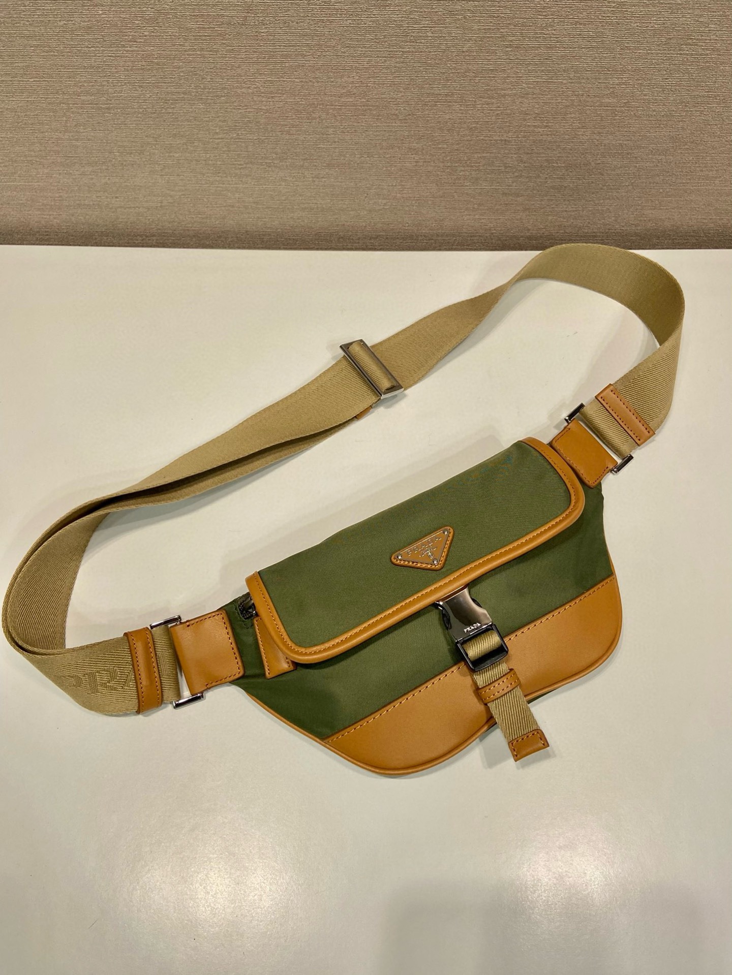 Prada Nylon and Leather Belt Bag with Enamel Triangle Logo, Khaki/Brown 3 i1754025520304 7127 0 1