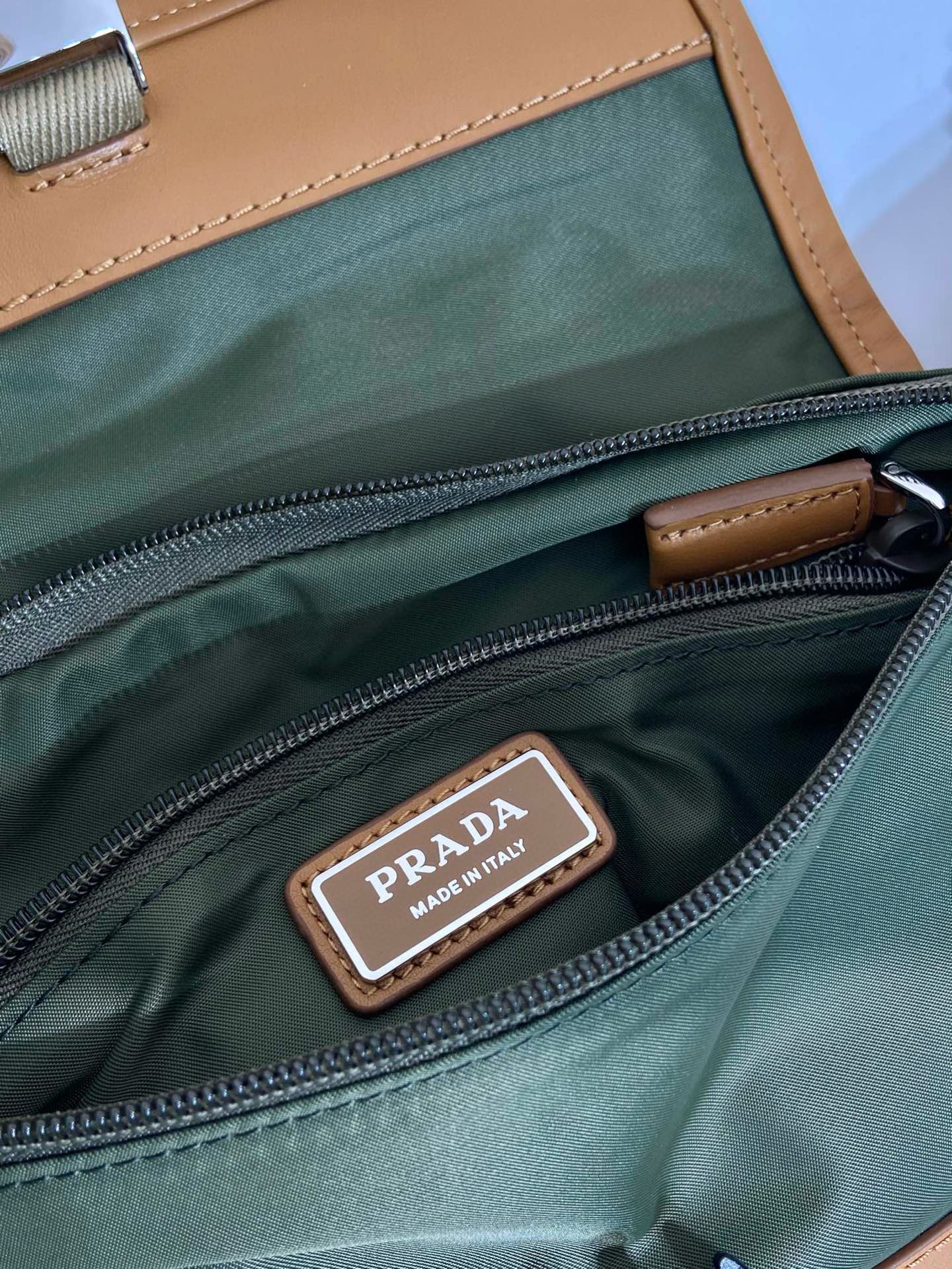 Prada Nylon and Leather Belt Bag with Enamel Triangle Logo, Khaki/Brown 10 i1754025520392 69 0 8