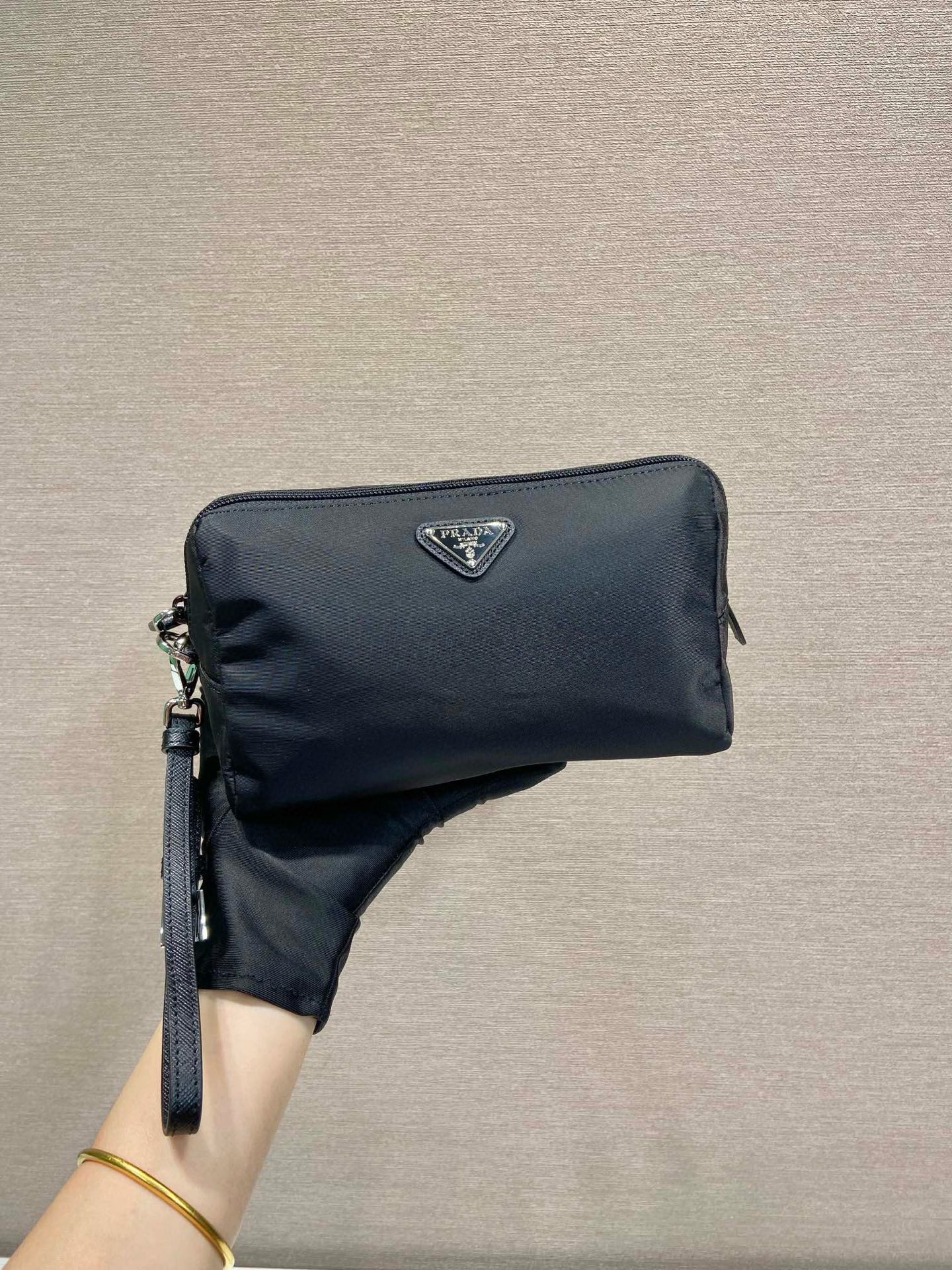 Prada Tessuto Nylon Wristlet Pouch with Saffiano Leather Trim in Black 1 i1754026354742 9479 0 0