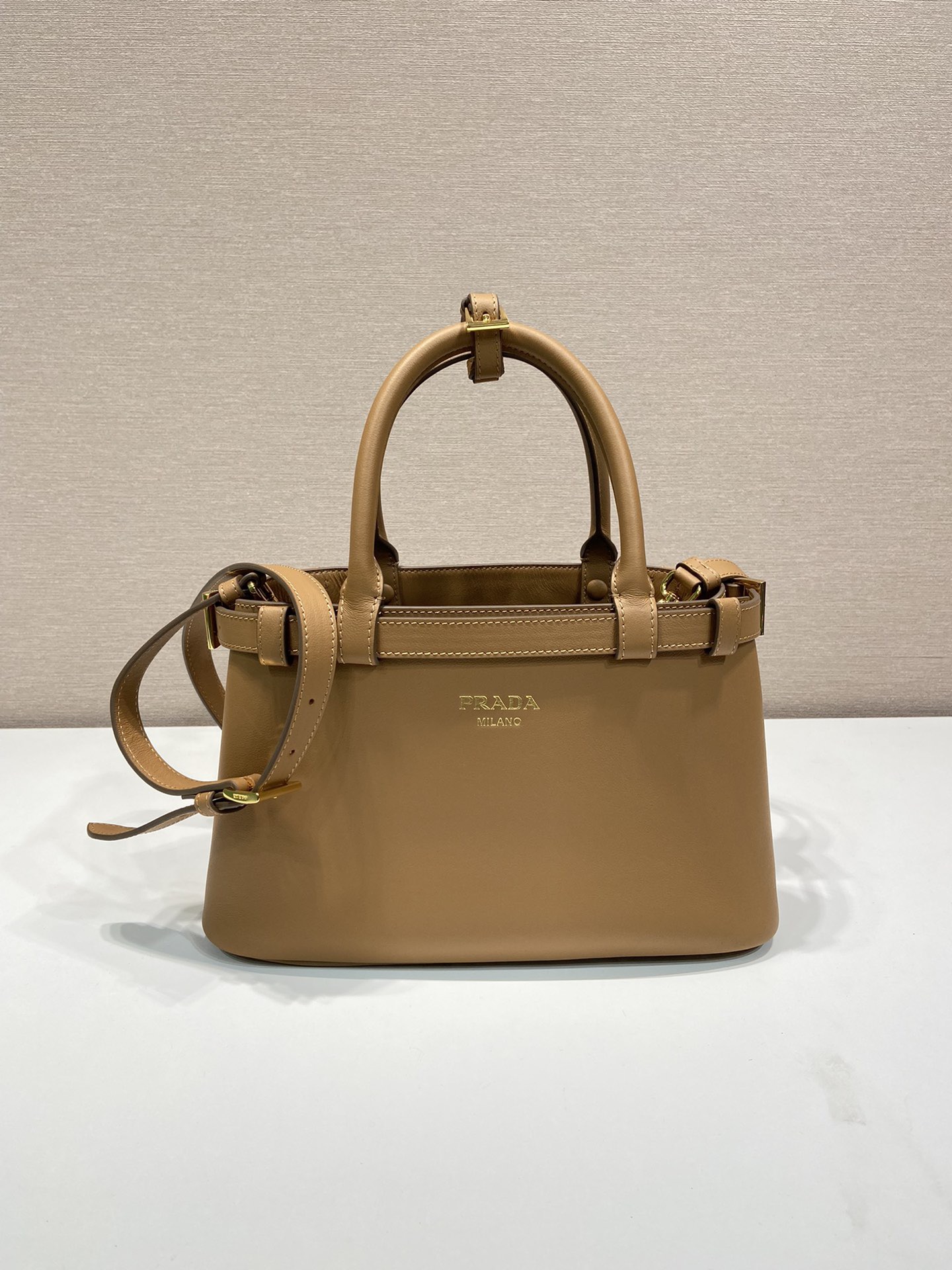 Prada 1BA418 Small Leather Handbag with Detachable Shoulder Strap - Camel 1 i1754650762597 3924 0 0