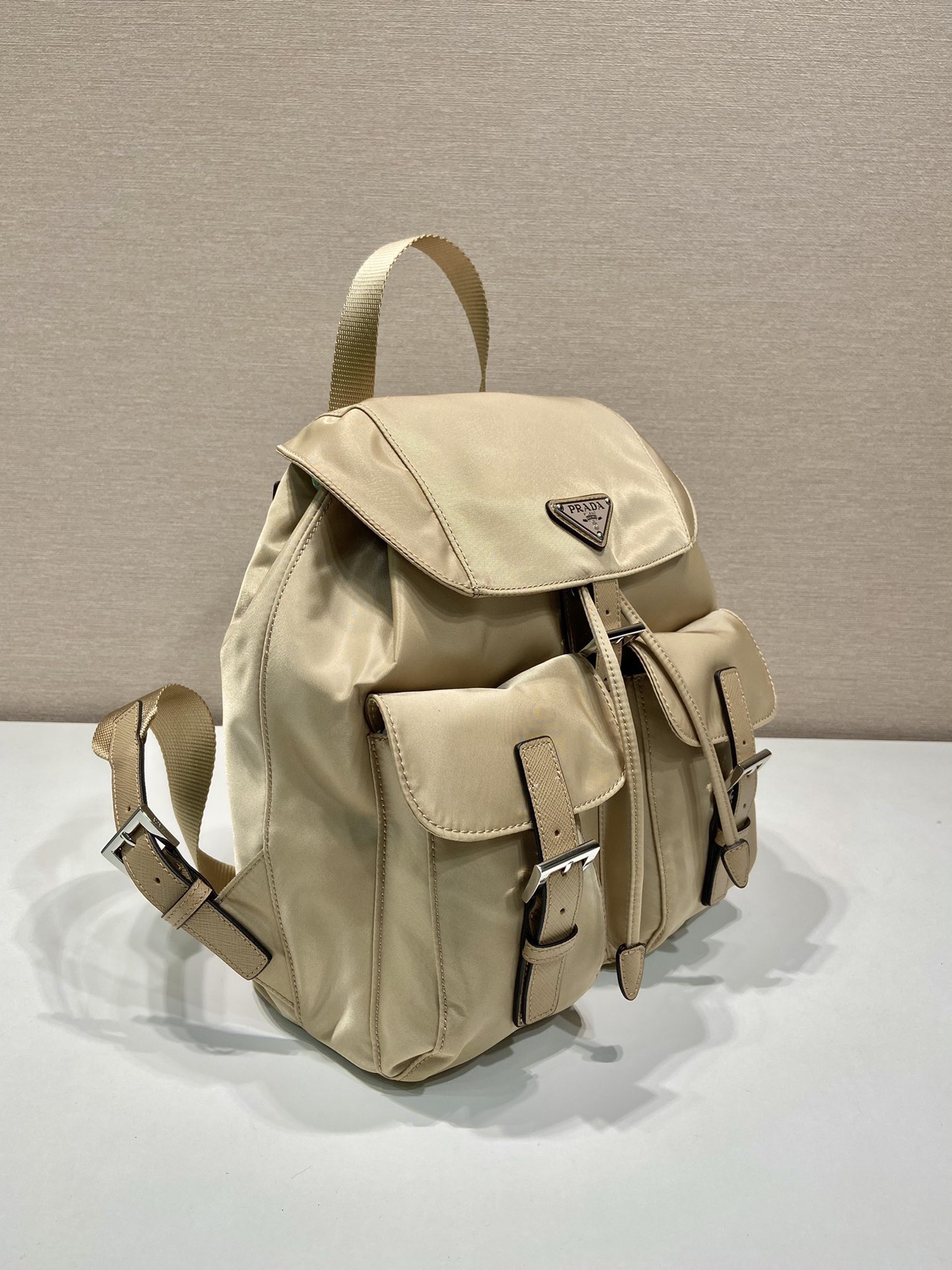 Prada 1BZ677 Small Backpack Beige Nylon and Leather Trim, 28x23.5x12cm 3 i1757663015270 436 0 2