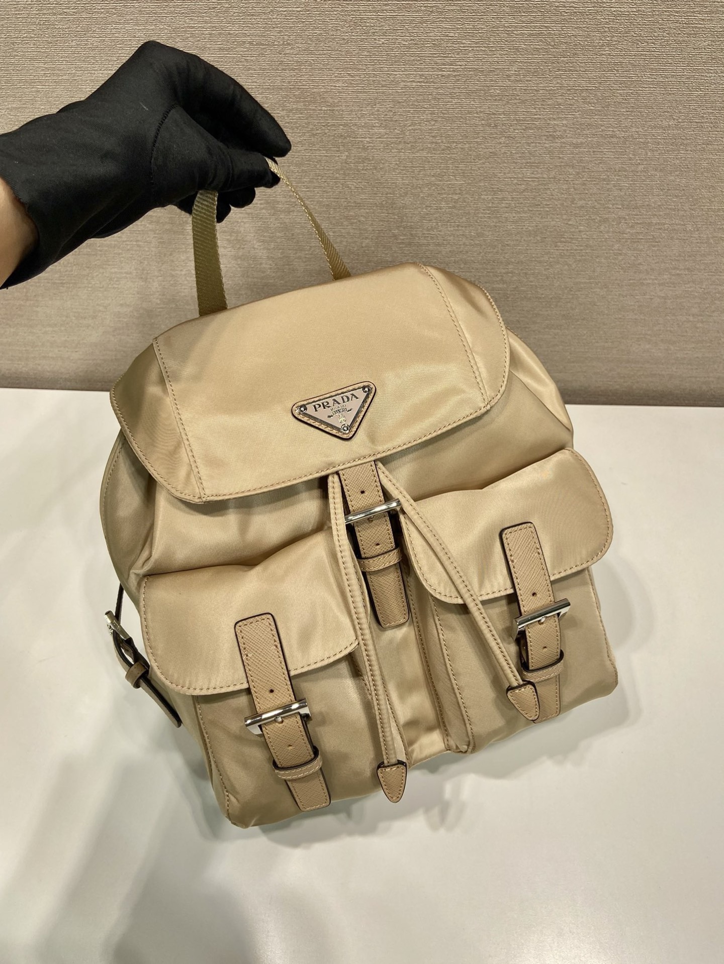 Prada 1BZ677 Small Backpack Beige Nylon and Leather Trim, 28x23.5x12cm 2 i1757663015438 7932 0 1