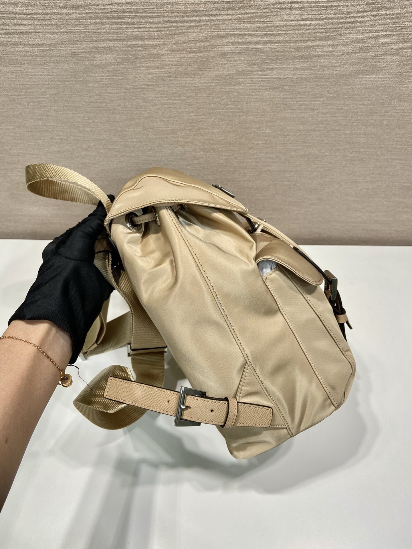 Prada 1BZ677 Small Backpack Beige Nylon and Leather Trim, 28x23.5x12cm 6 i1757663015458 6320 0 5