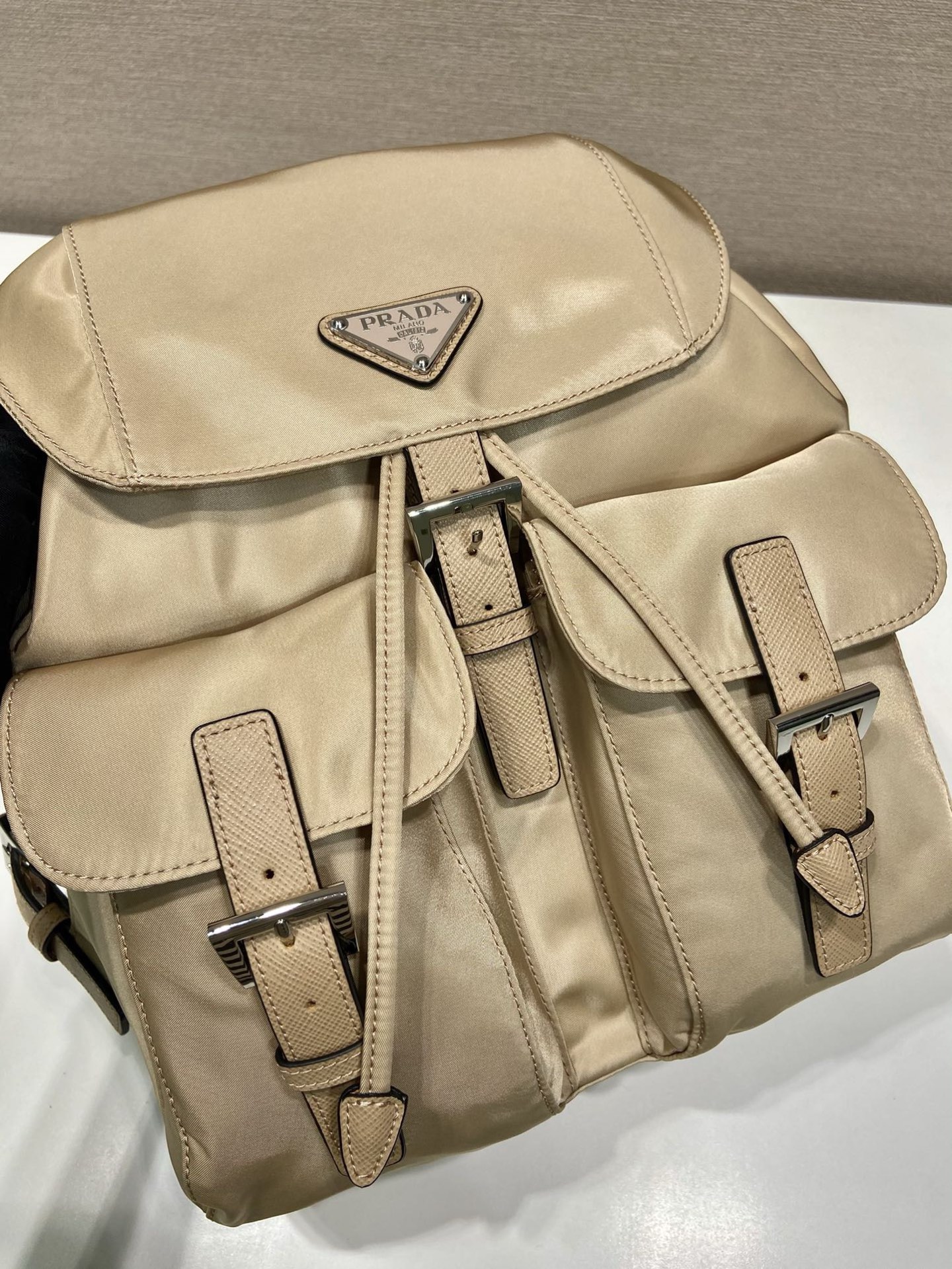 Prada 1BZ677 Small Backpack Beige Nylon and Leather Trim, 28x23.5x12cm 4 i1757663017711 83 0 3