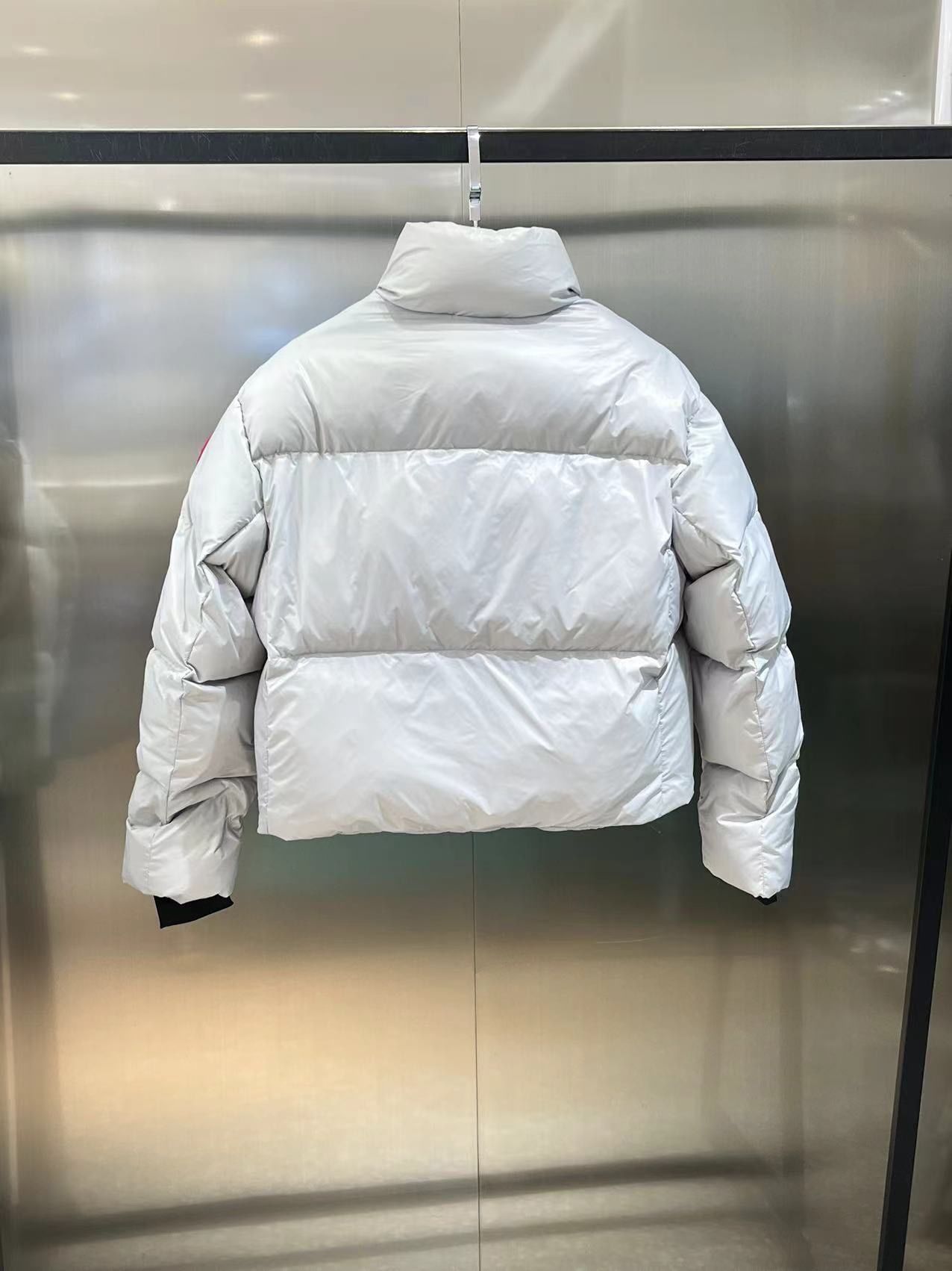 High-quality Canada Goose women's stand-collar羽绒服 with detachable inner straps, converts to backpack. Short cut, adjustable hem, articulated sleeves. Colors: silver, black. Sizes: XS-L.-Big cat