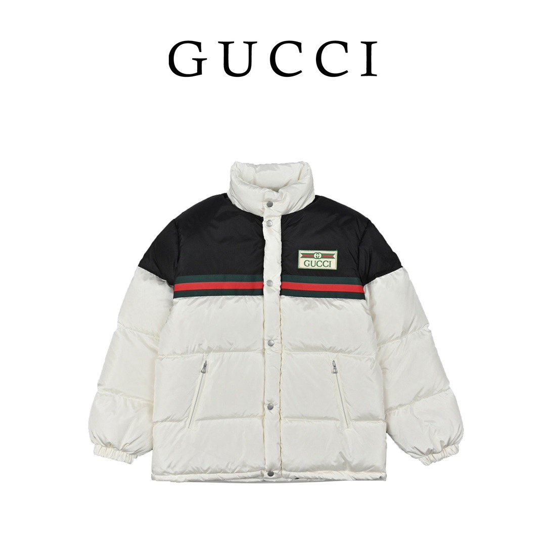 Gucci red-green stripe down jacket, high-quality version. 100% nylon fiber, 430g 90% goose down filling, warm and durable. Sizes 40-48.-Big cat