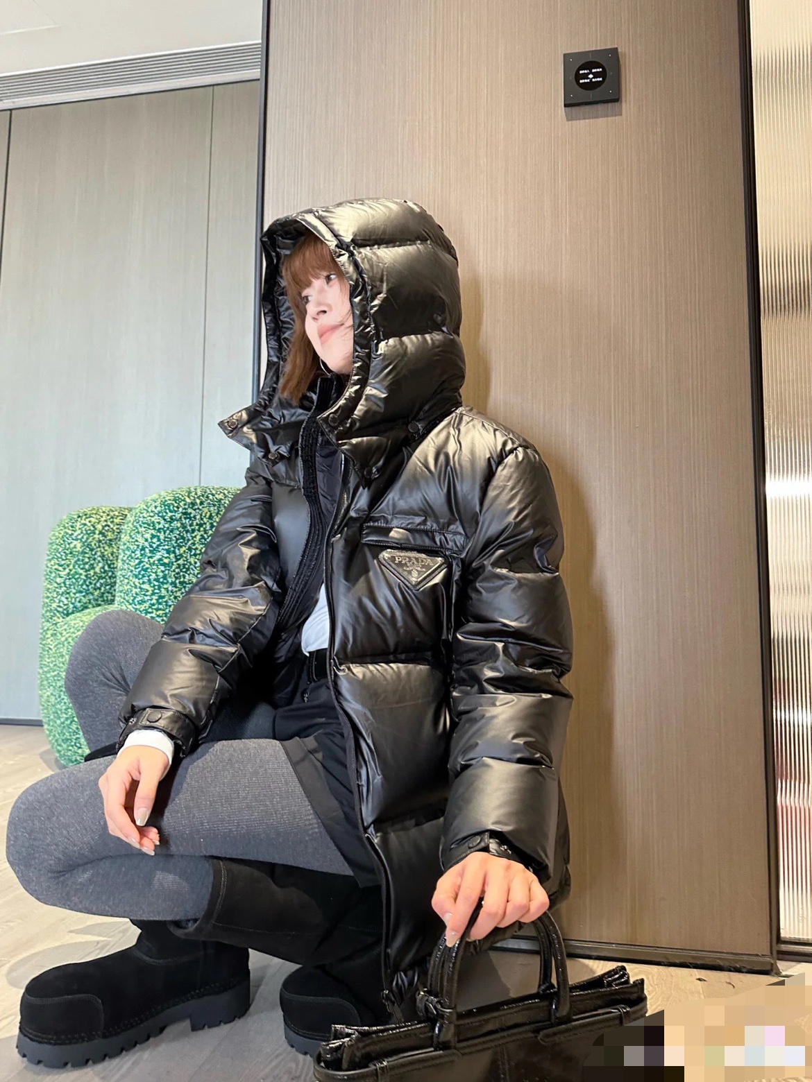 Top Prada black tech adhesive tape down jacket. Minimalist style, 90% down fill, waterproof, windproof. Colors: black, earth gray. Sizes: 48-56.-Big cat