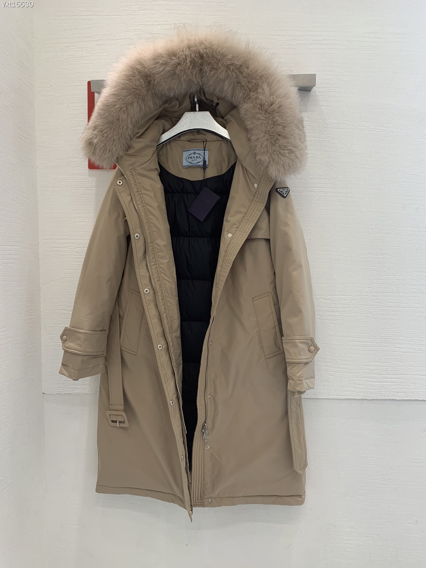 Prada 90% white goose down coat with large fox fur collar, black and almond colors, sizes 38-44.-Big cat