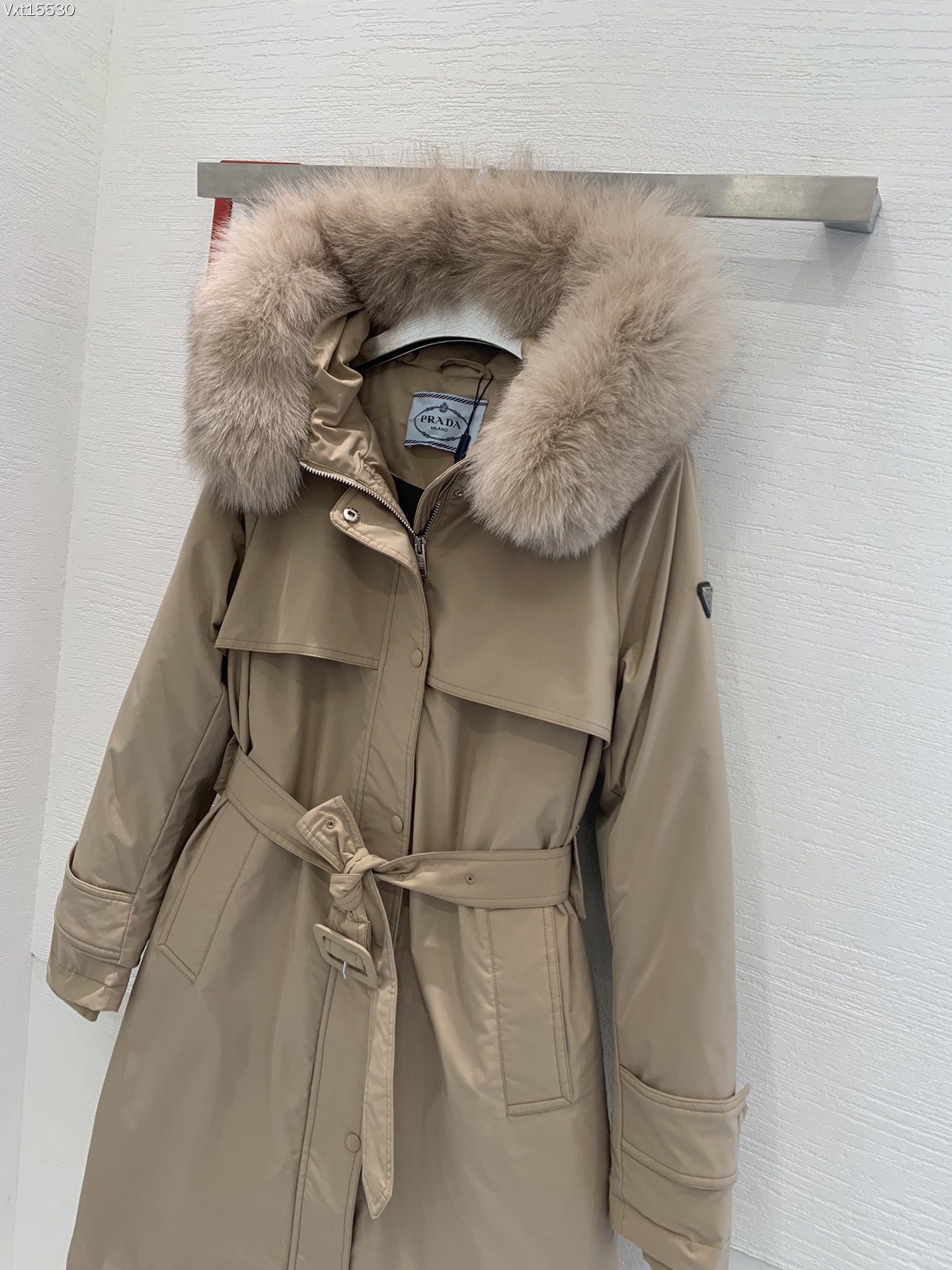 Prada 90% white goose down coat with large fox fur collar, black and almond colors, sizes 38-44.-Big cat