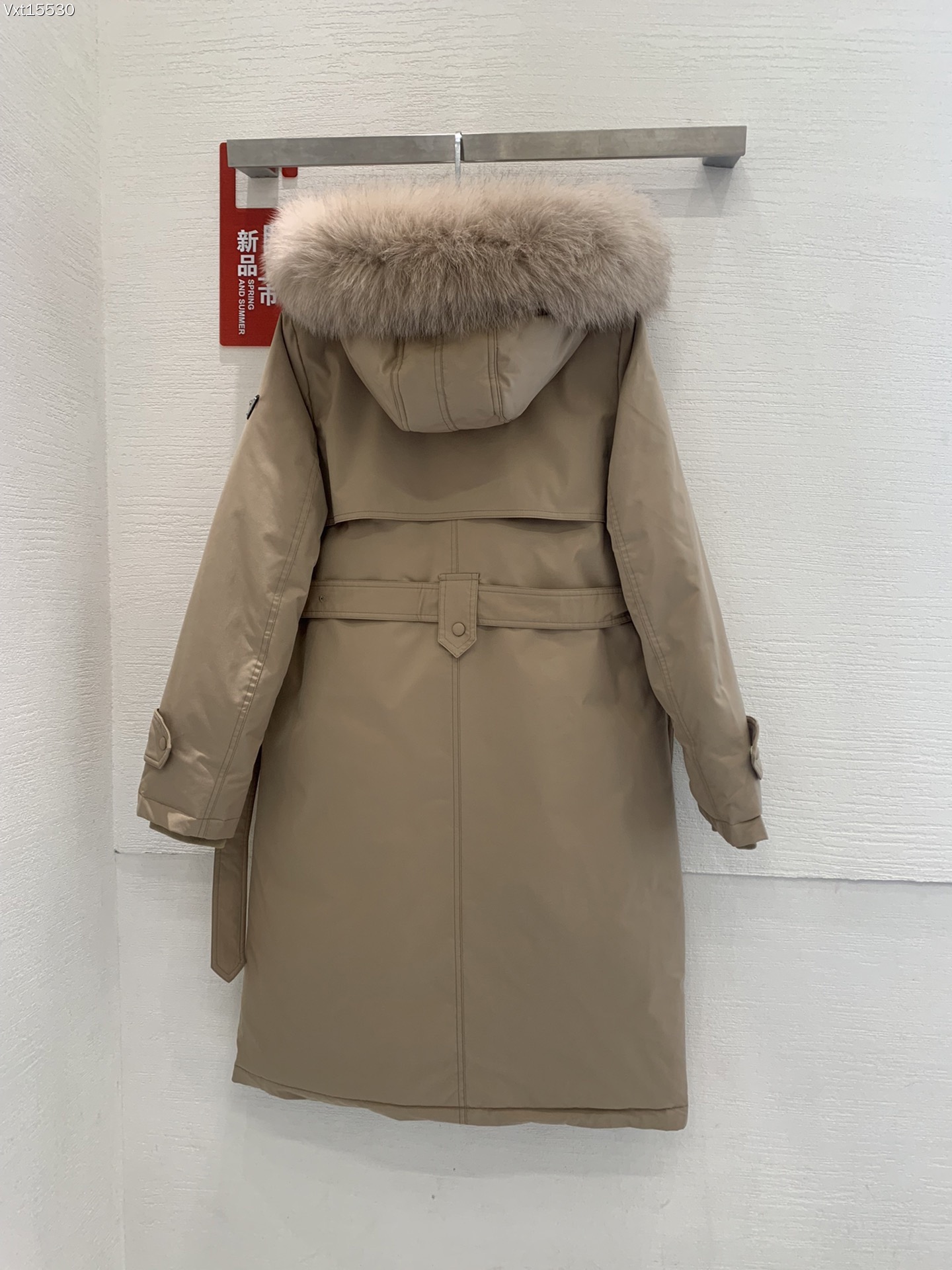 Prada 90% white goose down coat with large fox fur collar, black and almond colors, sizes 38-44.-Big cat
