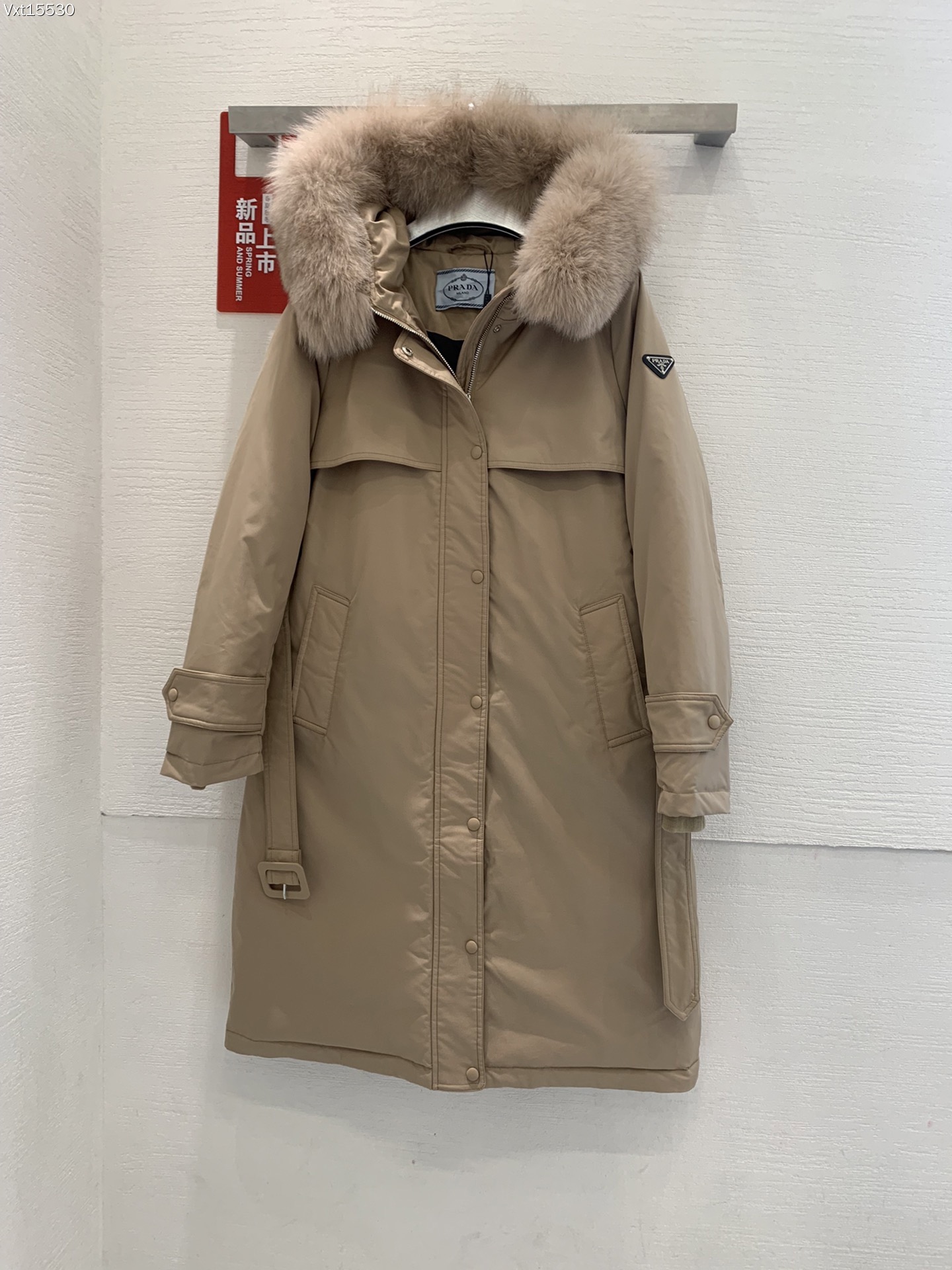 Prada 90% white goose down coat with large fox fur collar, black and almond colors, sizes 38-44.-Big cat