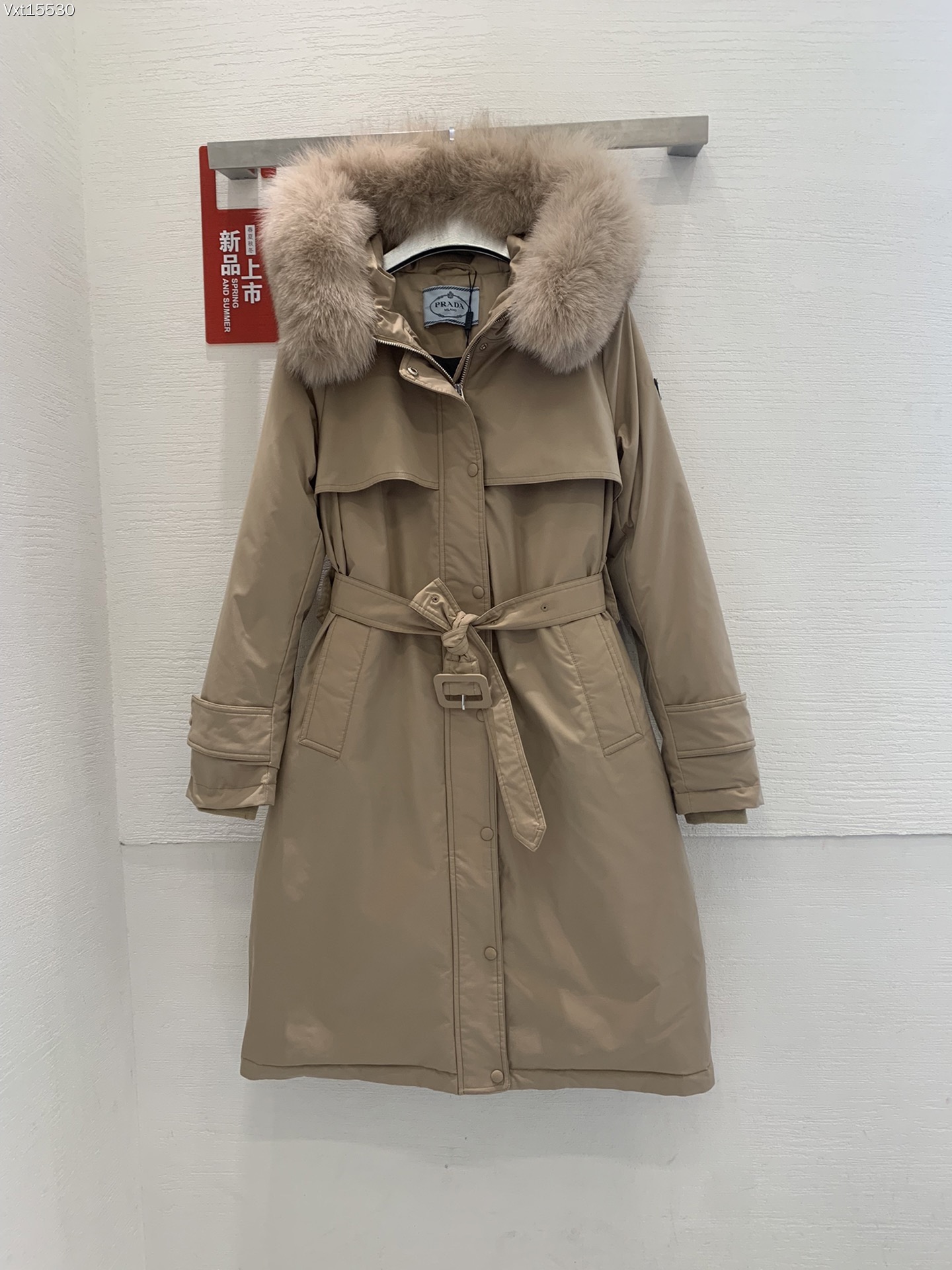 Prada 90% white goose down coat with large fox fur collar, black and almond colors, sizes 38-44.-Big cat