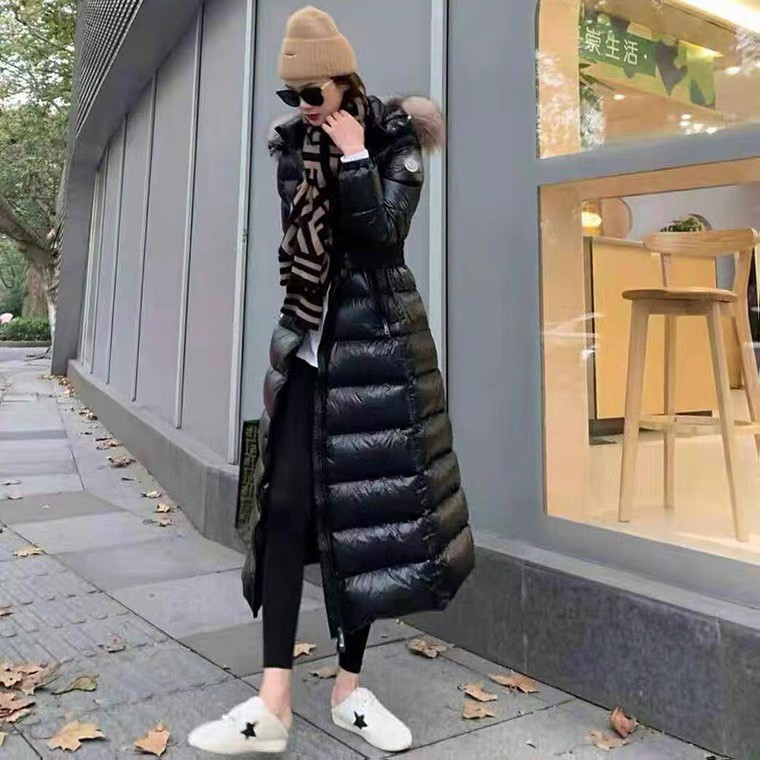 New Moncler Hudson women's knee-length down jacket with fox fur collar, 520g fill, waist belt, ultra-warm for -10°C to -20°C weather.-Big cat
